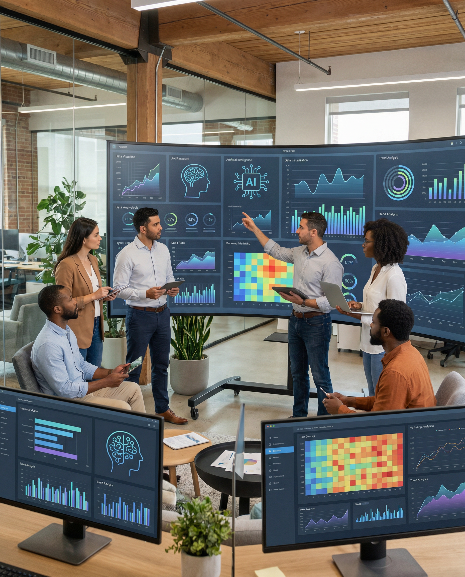 Diverse team of marketers using AI software on large screens, analyzing data and trends for effective content strategies in a modern office.