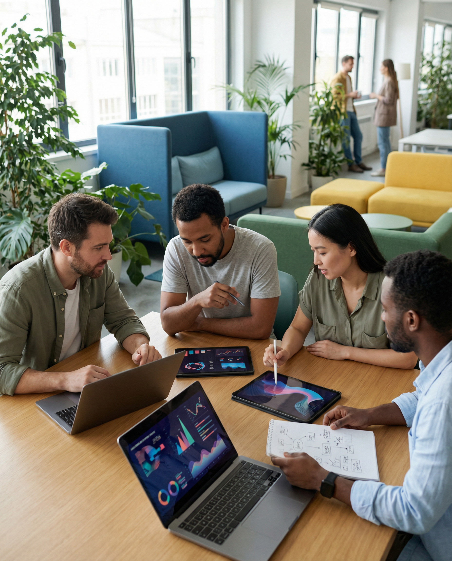 Content creators brainstorming with laptops and digital tablets in a vibrant coworking space, showcasing collaboration in AI-driven content development.
