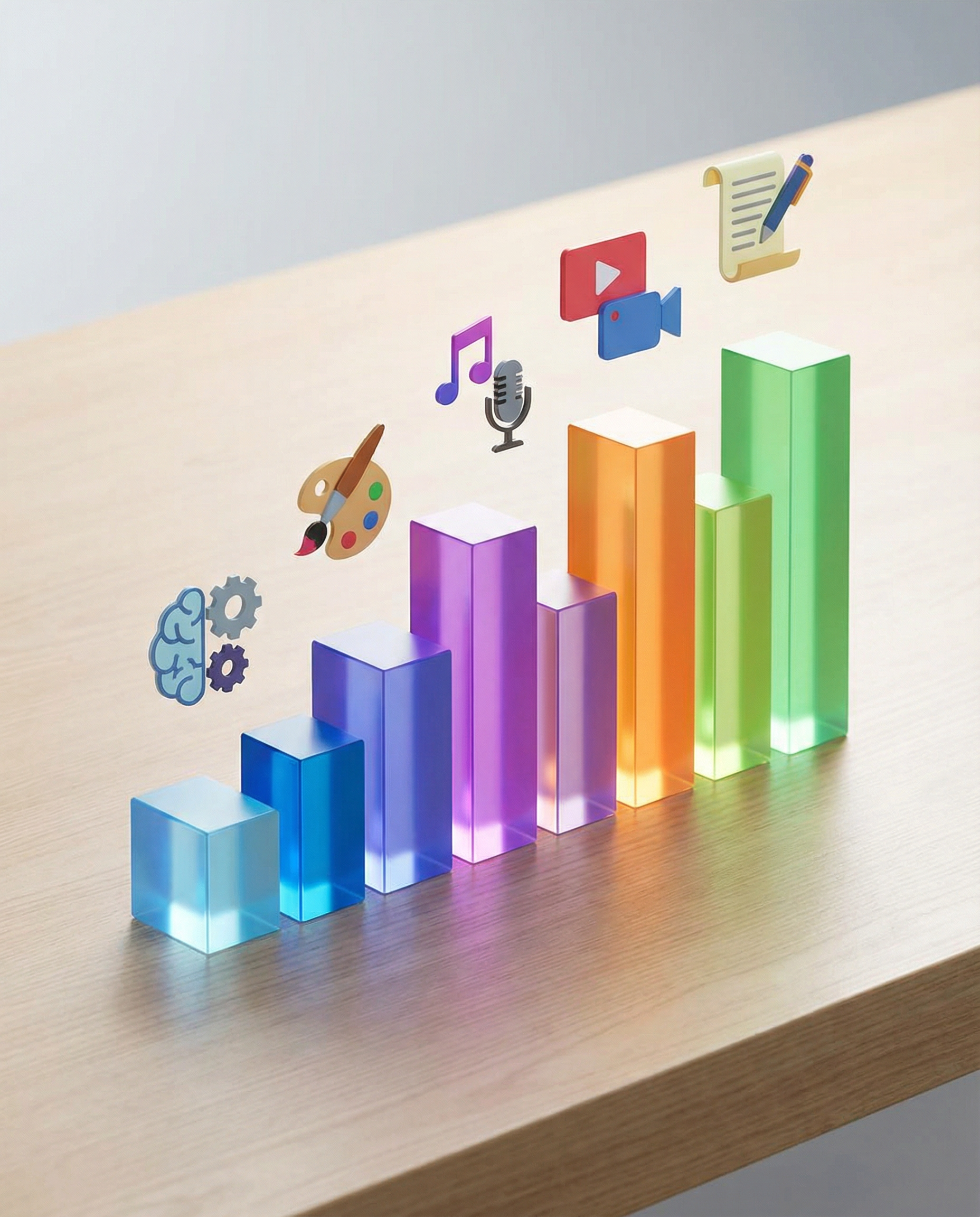 Infographic illustrating the growth of AI content creation with dynamic bar graphs and colorful icons representing various AI tools and platforms.