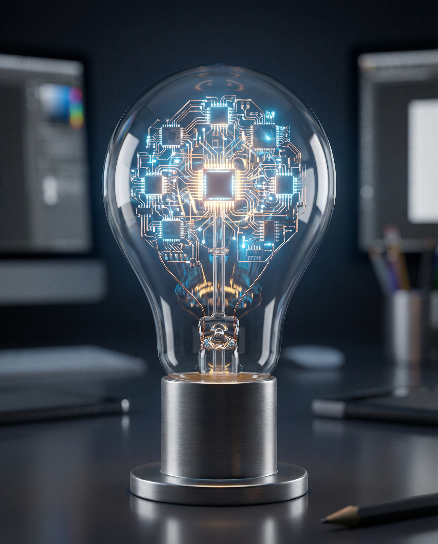 Visual metaphor of a light bulb made of interconnected circuits, symbolizing innovative ideas powered by AI in content creation.