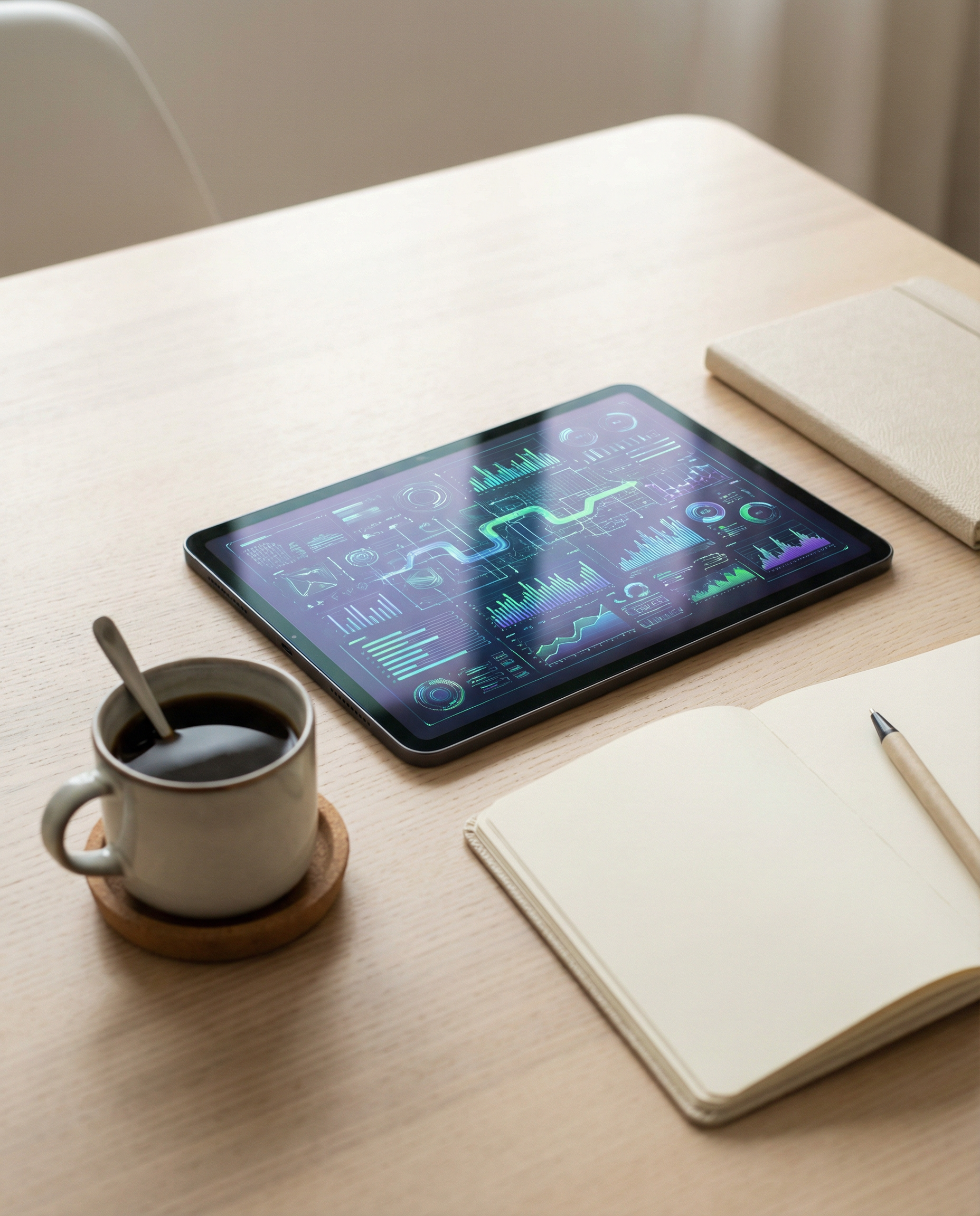 Close-up of a digital tablet displaying AI-generated text alongside a coffee cup and notepad, capturing the essence of modern content creation
