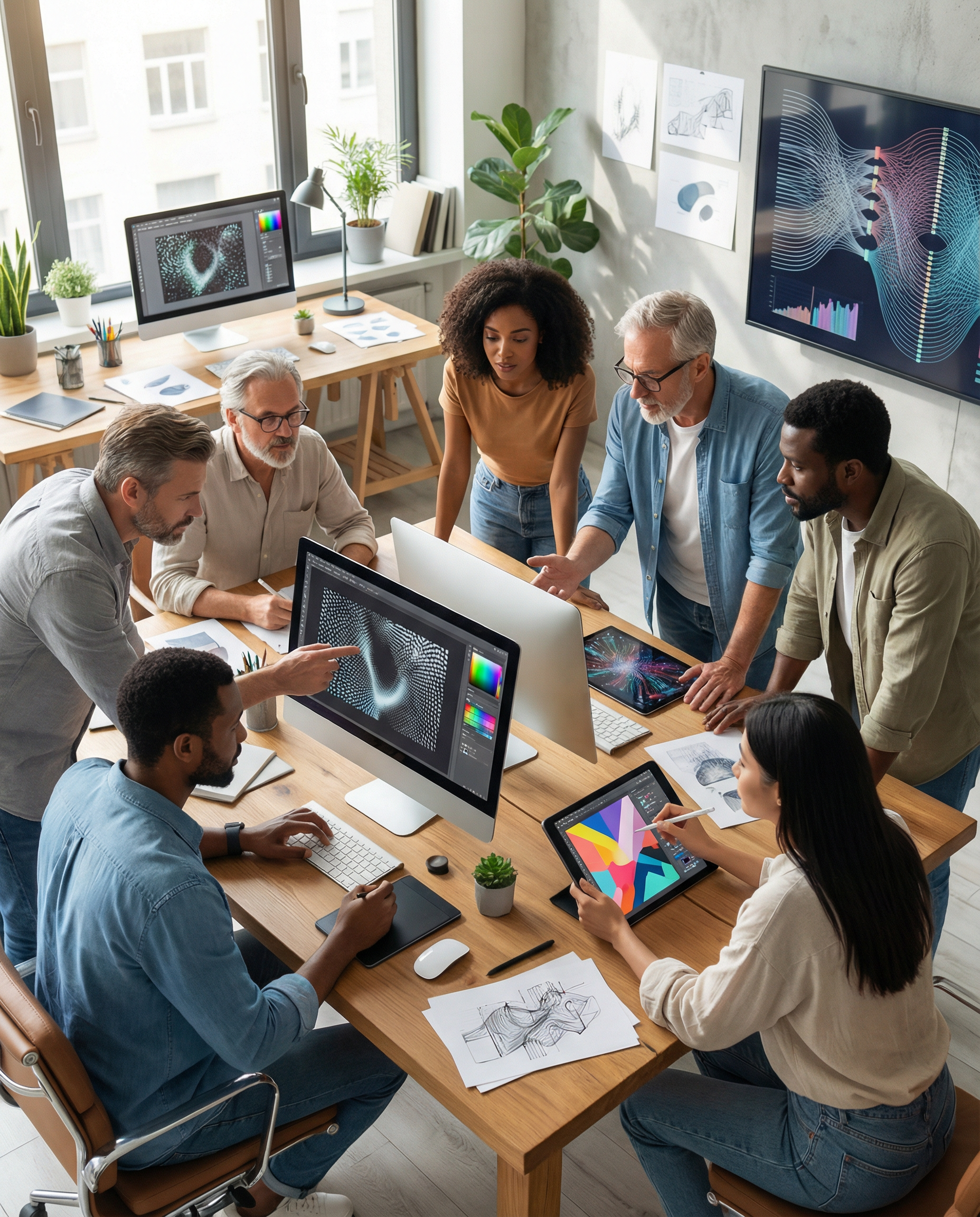 Professionals collaborating in a studio, using AI software to generate content ideas, diverse team engaged and focused