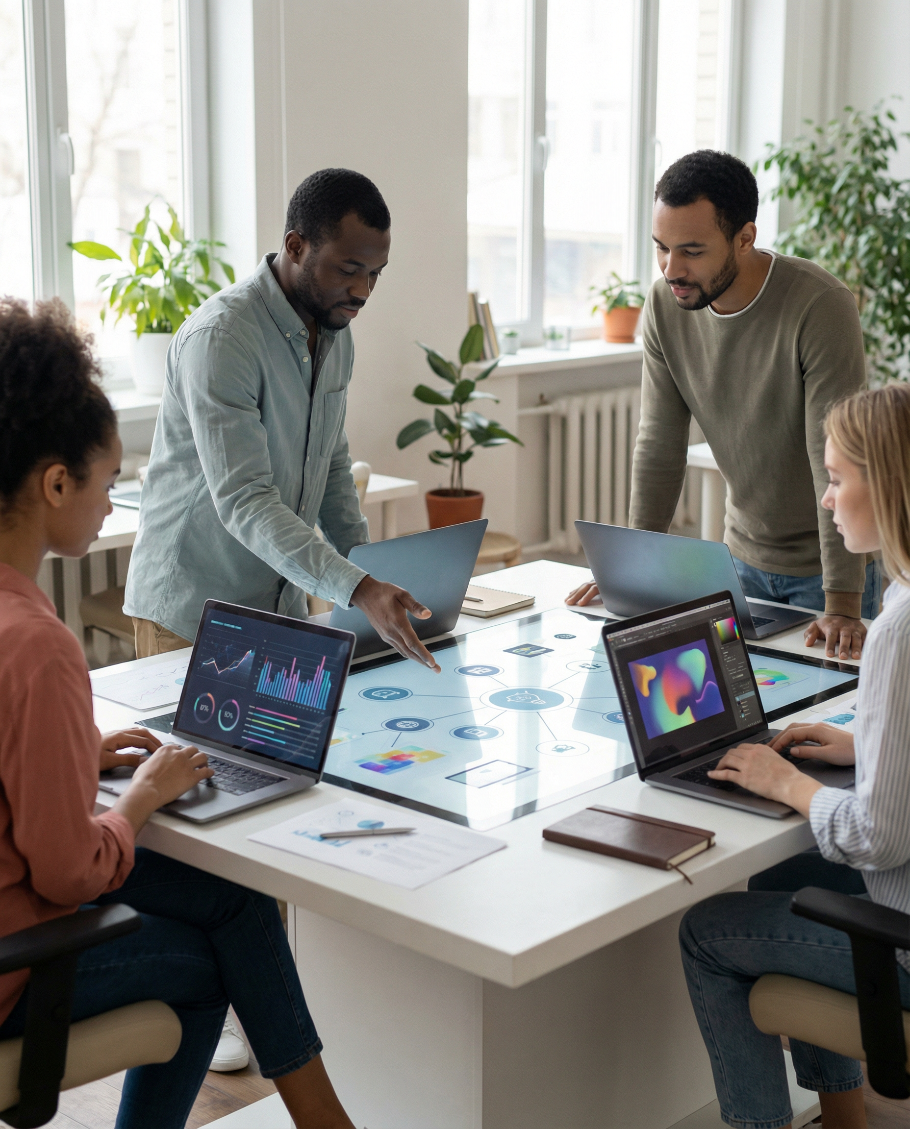 Content creators brainstorming around a high-tech table, laptops open, AI tools displayed on screens, modern office environment