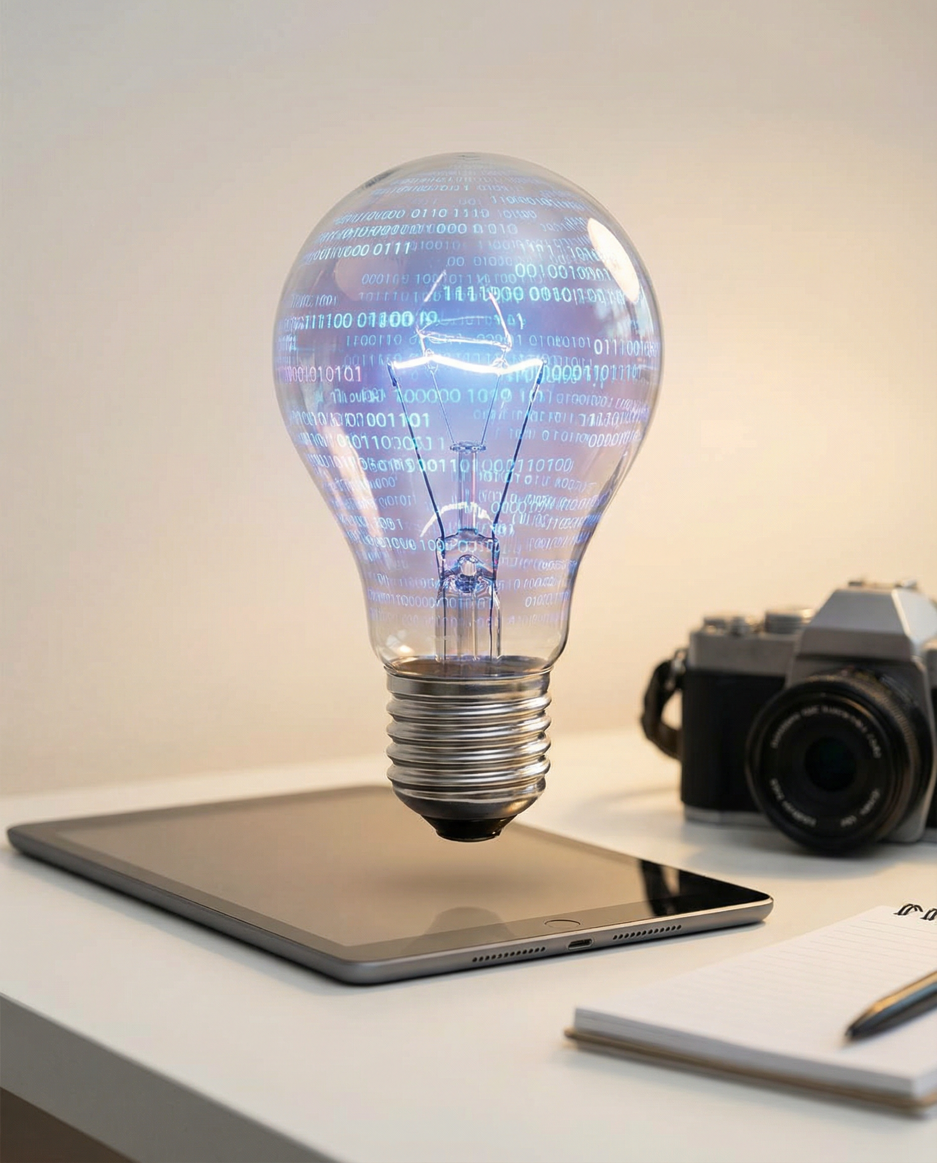 Visual metaphor of a light bulb made of digital code, symbolizing innovative ideas sparked by AI in content creation