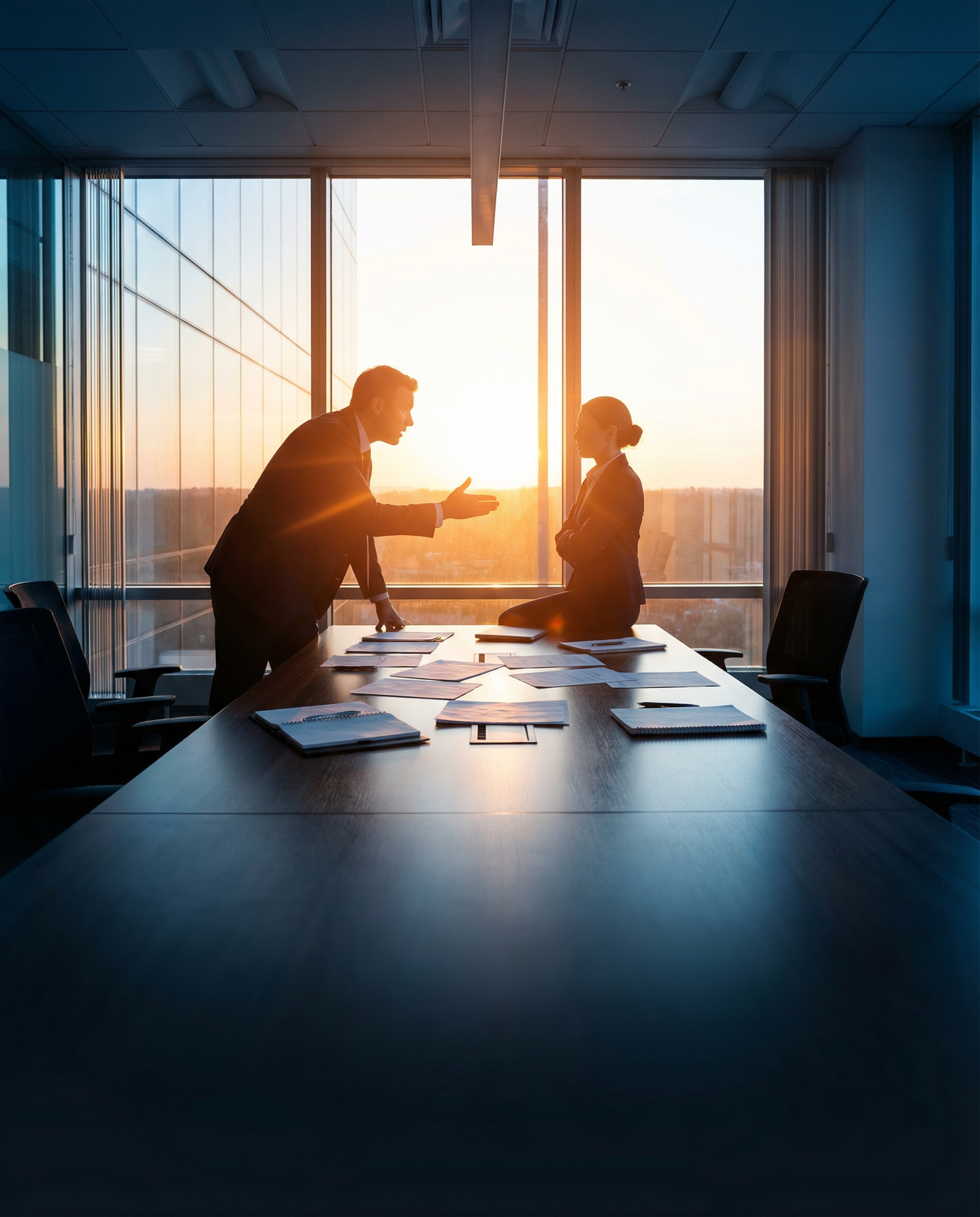 Photorealistic editorial photograph: wide establishing shot of modern glass-walled office at golden hour, silhouettes of two executives facing each other across sleek conference table with visible ten