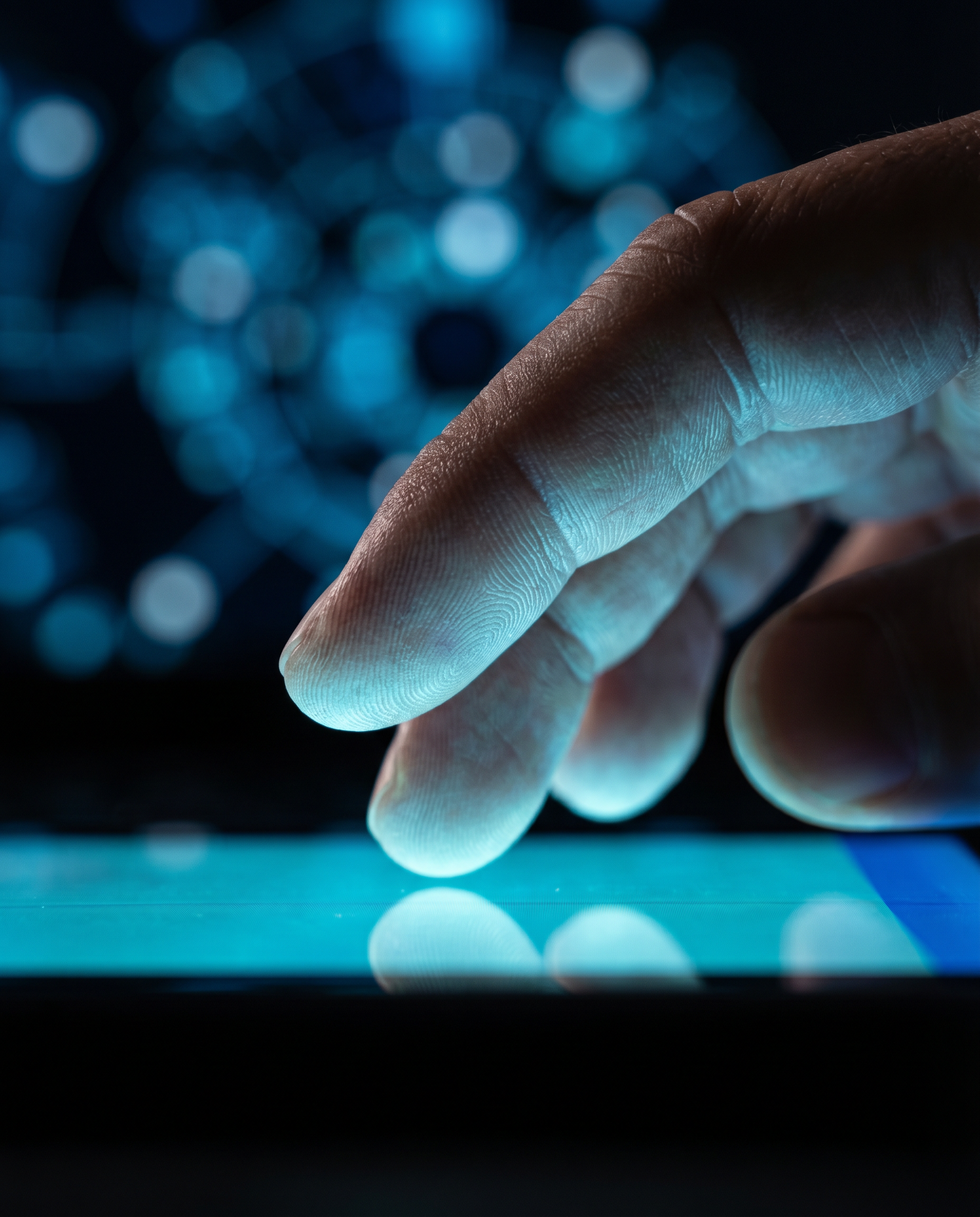 Photorealistic editorial photograph: extreme macro close-up of human hand hovering millimeters above illuminated touchscreen interface, fingertips glowing from screen backlight, shallow depth of field