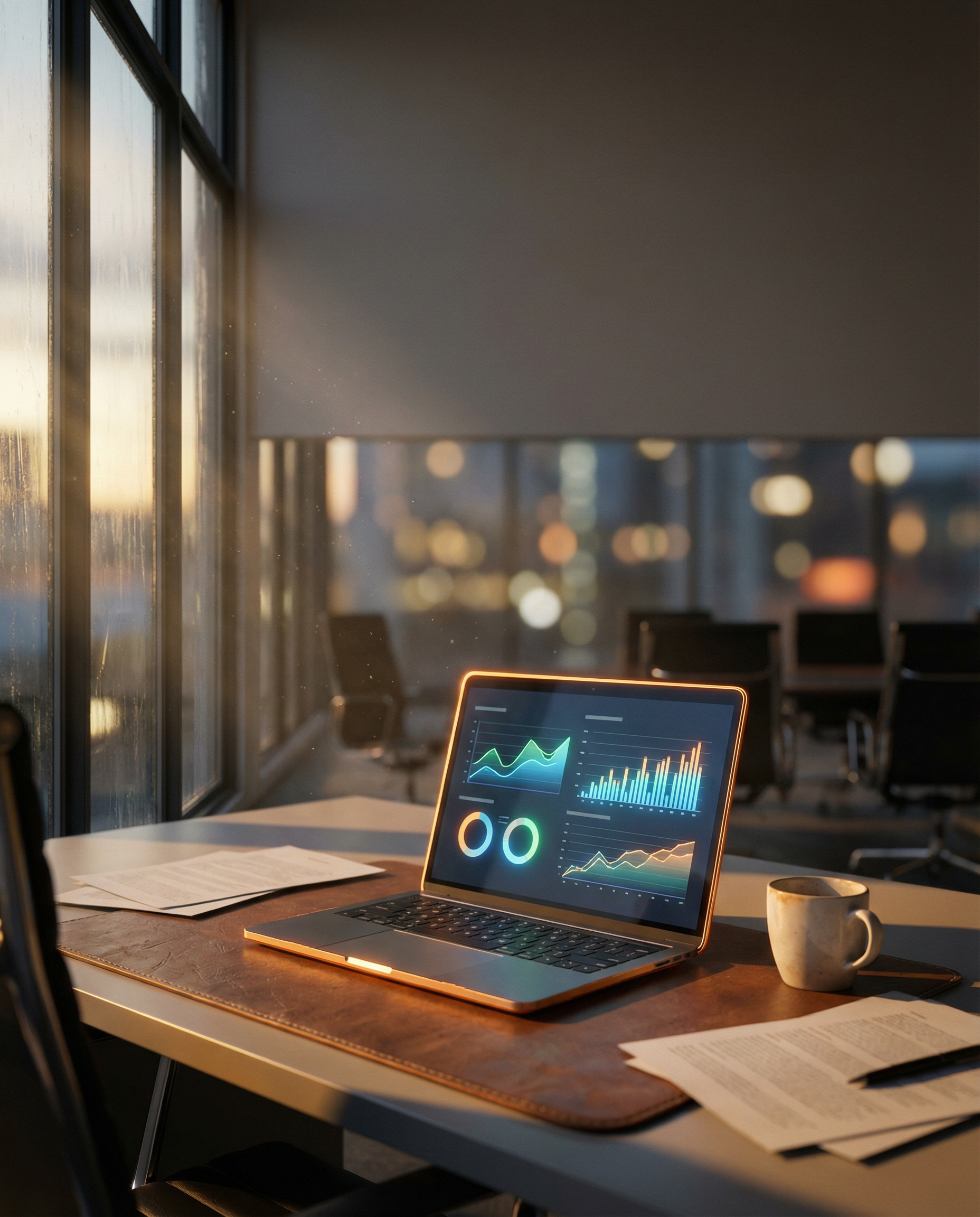 Photorealistic editorial photograph: abandoned modern office desk at dusk with laptop displaying colorful AI dashboard abandoned mid-use, coffee cup half-empty beside scattered notes, dramatic golden