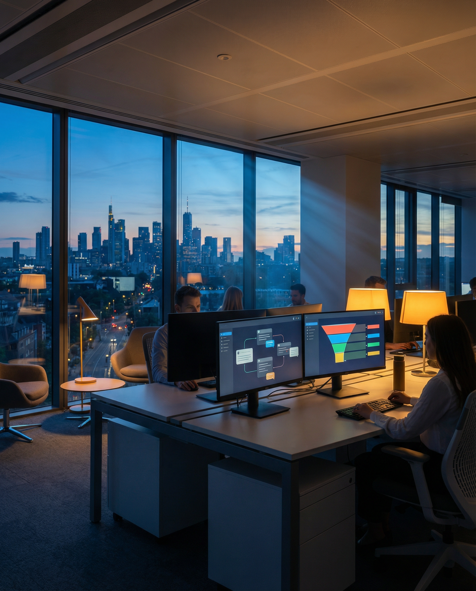 Photorealistic editorial photograph: wide establishing shot of sleek chatbot interface on large monitor seamlessly integrated with CRM dashboard showing lead pipeline, modern office environment with f
