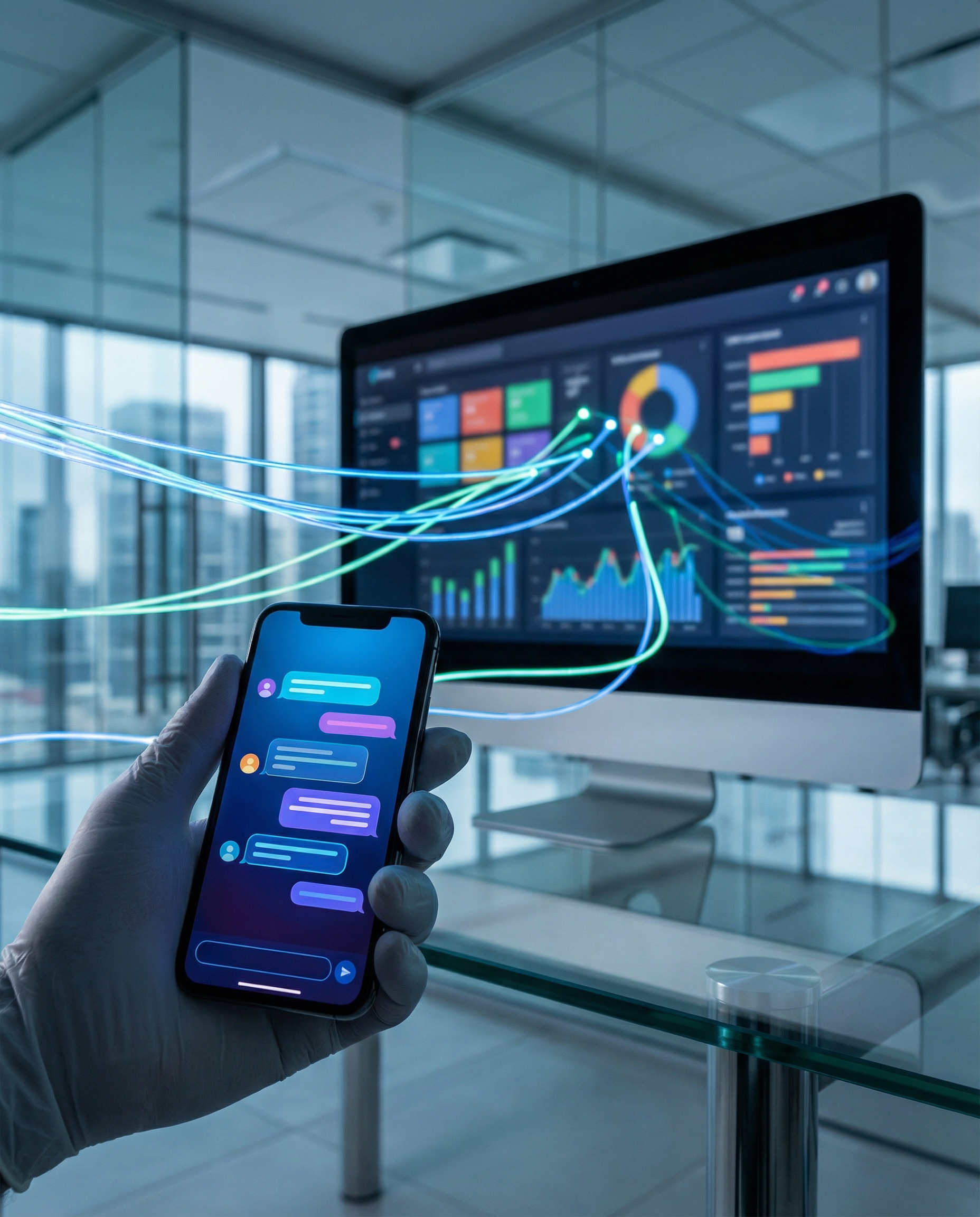 Photorealistic editorial photograph: split-screen moment showing smartphone in foreground displaying conversational chat interface while background shows blurred CRM dashboard on desktop monitor, both