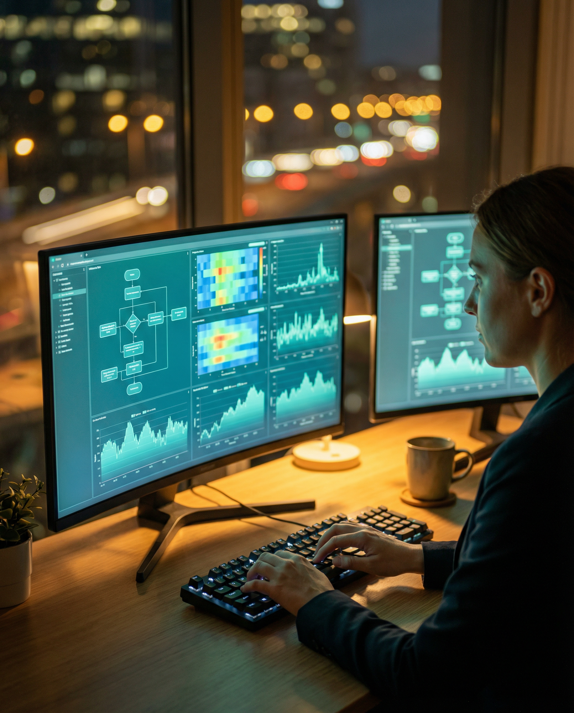 Photorealistic editorial photograph: over-the-shoulder shot of marketing professional's hands typing on keyboard with dual monitors displaying real-time customer journey maps and personalization algor