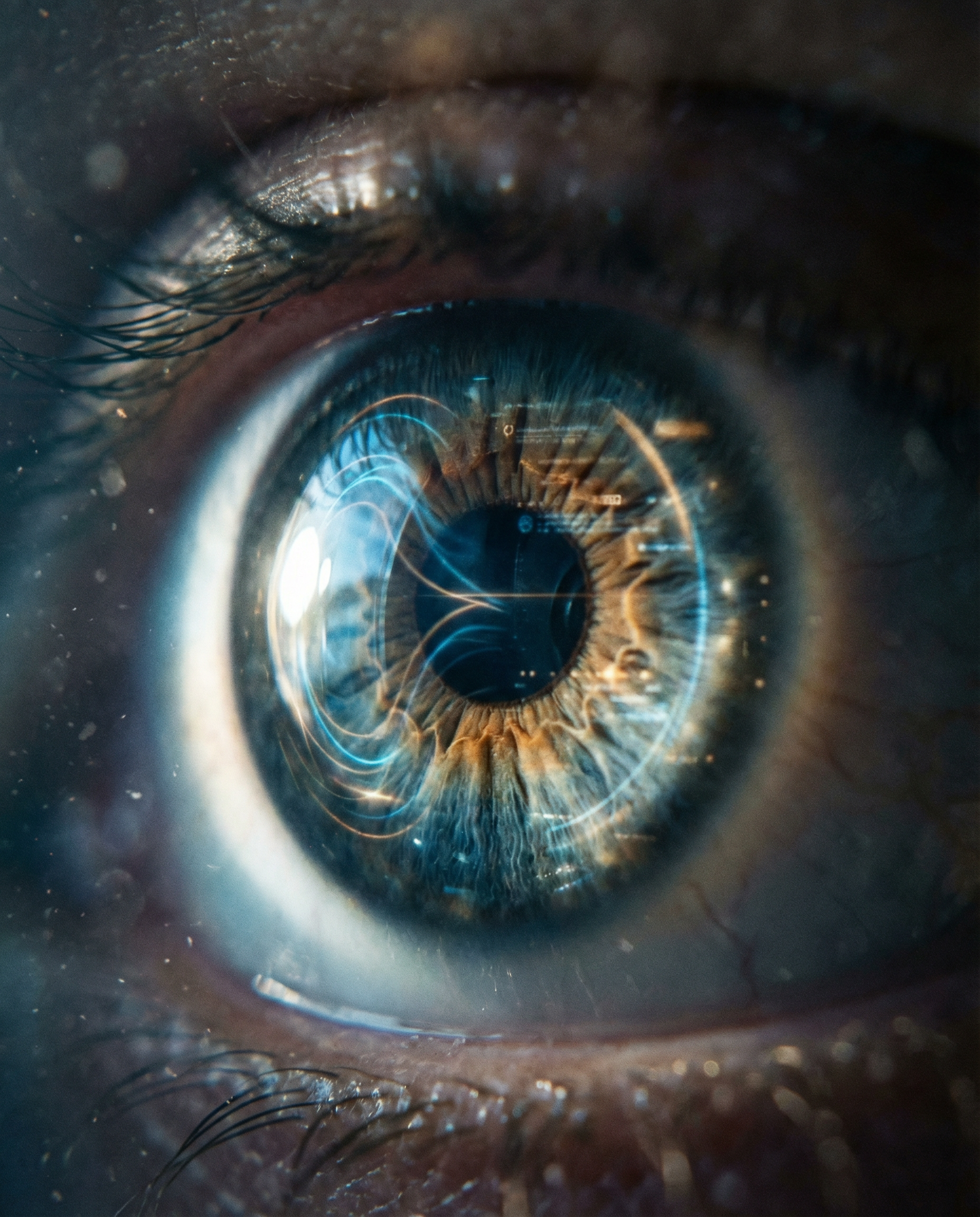 Photorealistic editorial photograph: extreme macro close-up of human eye reflecting glowing holographic data streams, shallow depth of field focusing on iris with visible AI-generated content patterns