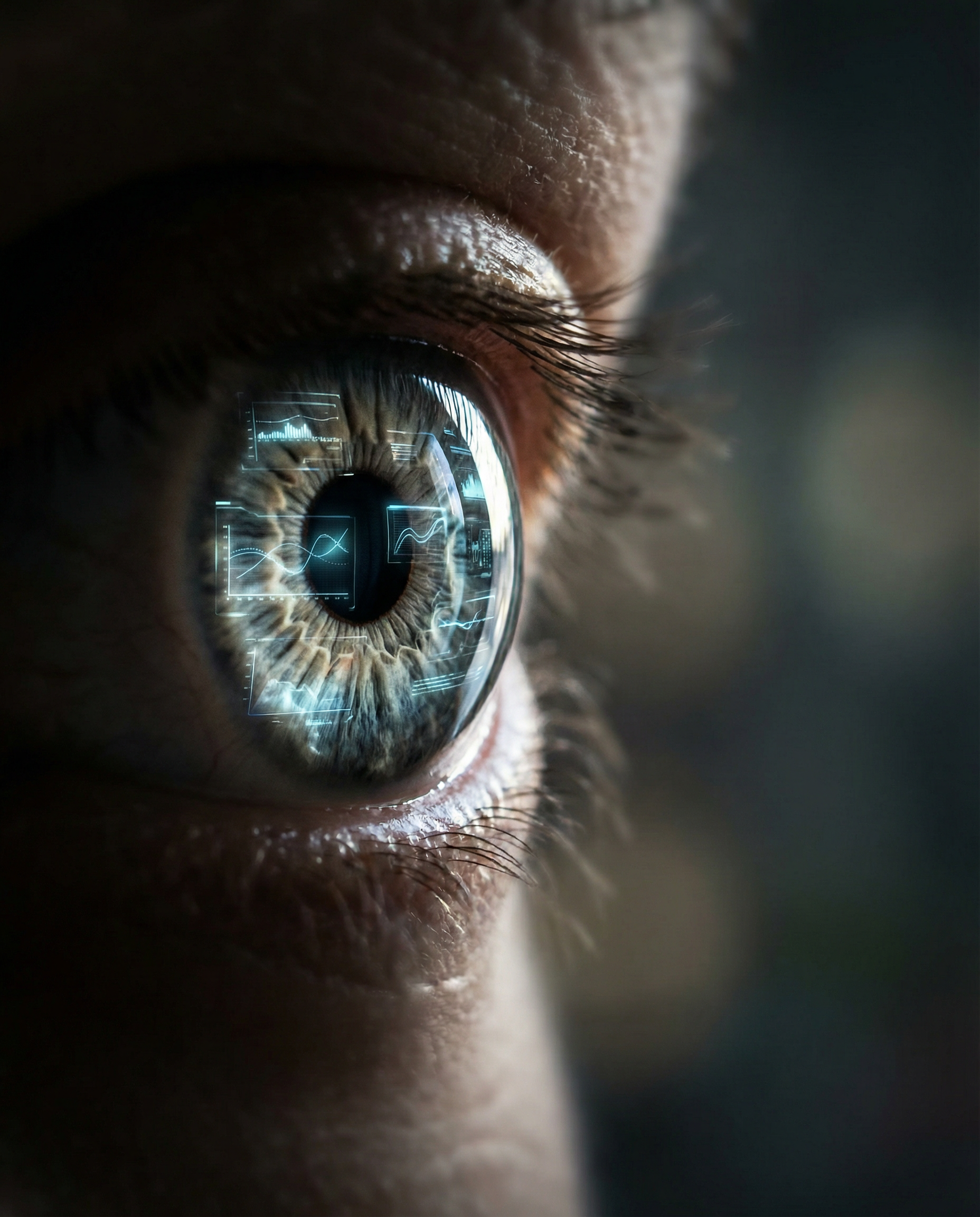 Photorealistic editorial photograph: extreme macro close-up of human eye reflecting multiple holographic interface screens, sharp focus on iris detail with AI analytics graphs and predictive curves mi