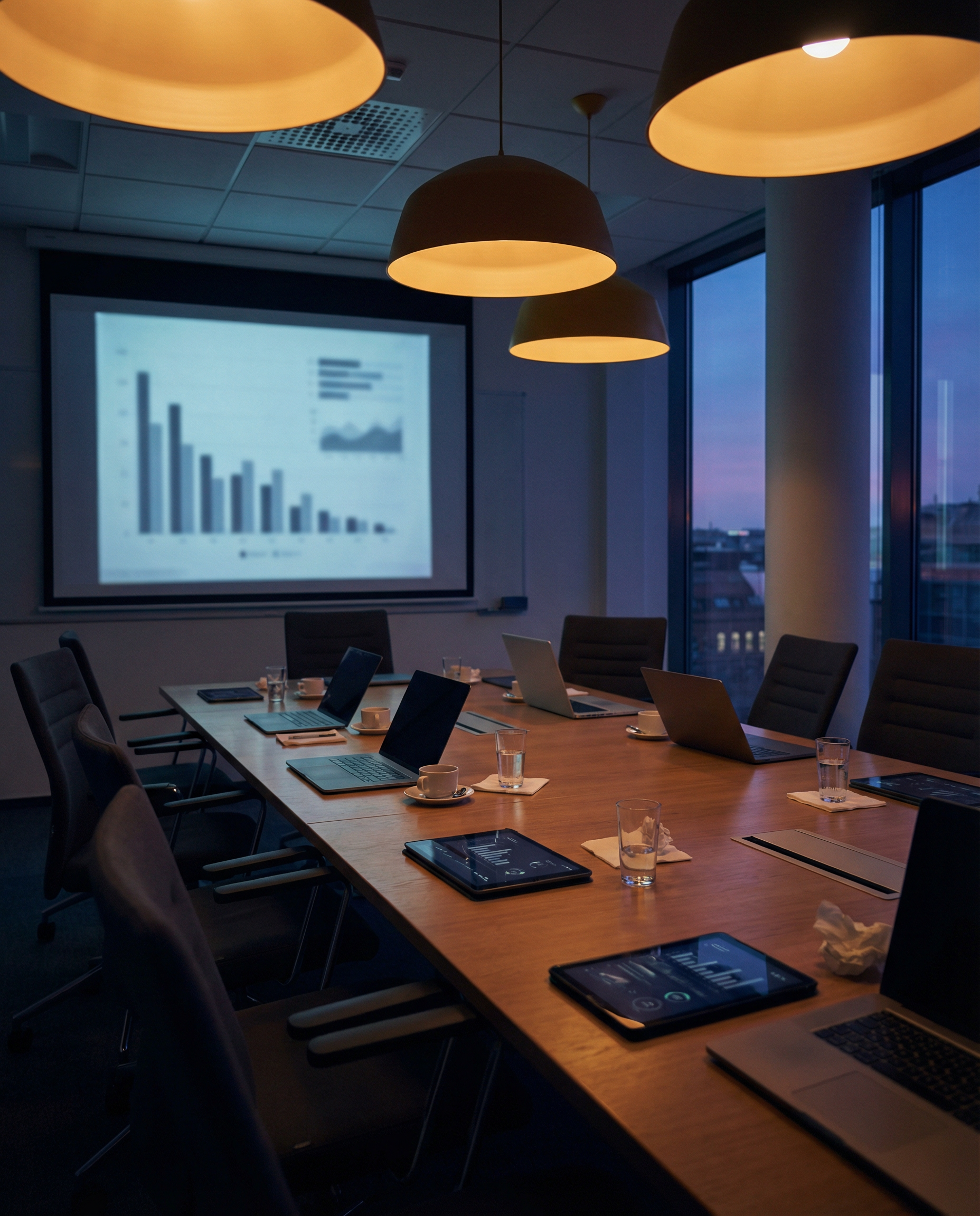 Photorealistic editorial photograph: wide establishing shot of dimly lit modern conference room post-meeting, empty chairs around table scattered with closed laptops and tablets showing dormant AI too