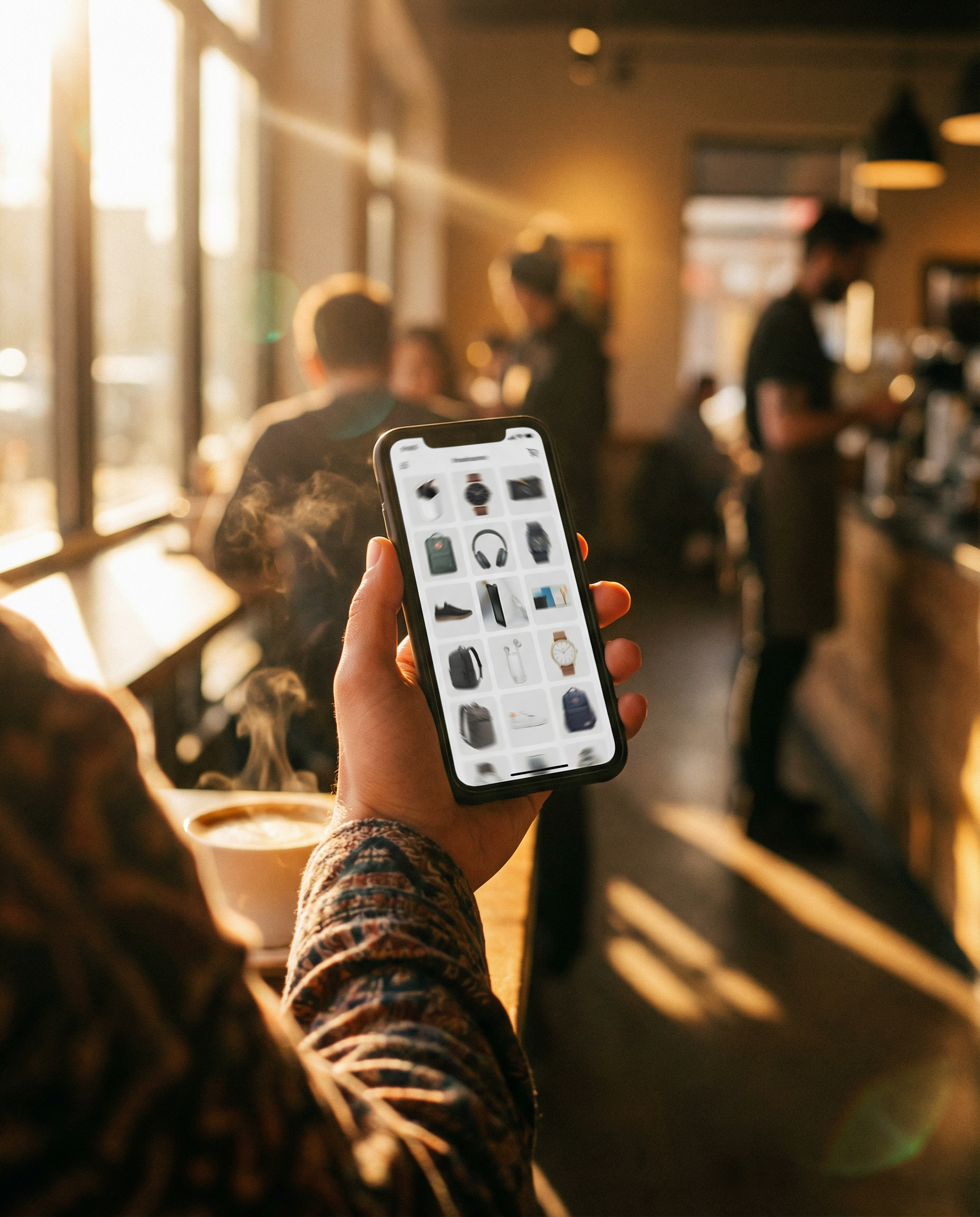 Photorealistic editorial photograph: over-the-shoulder view of customer's smartphone screen showing personalized product recommendations changing in real-time, hands holding device in coffee shop envi
