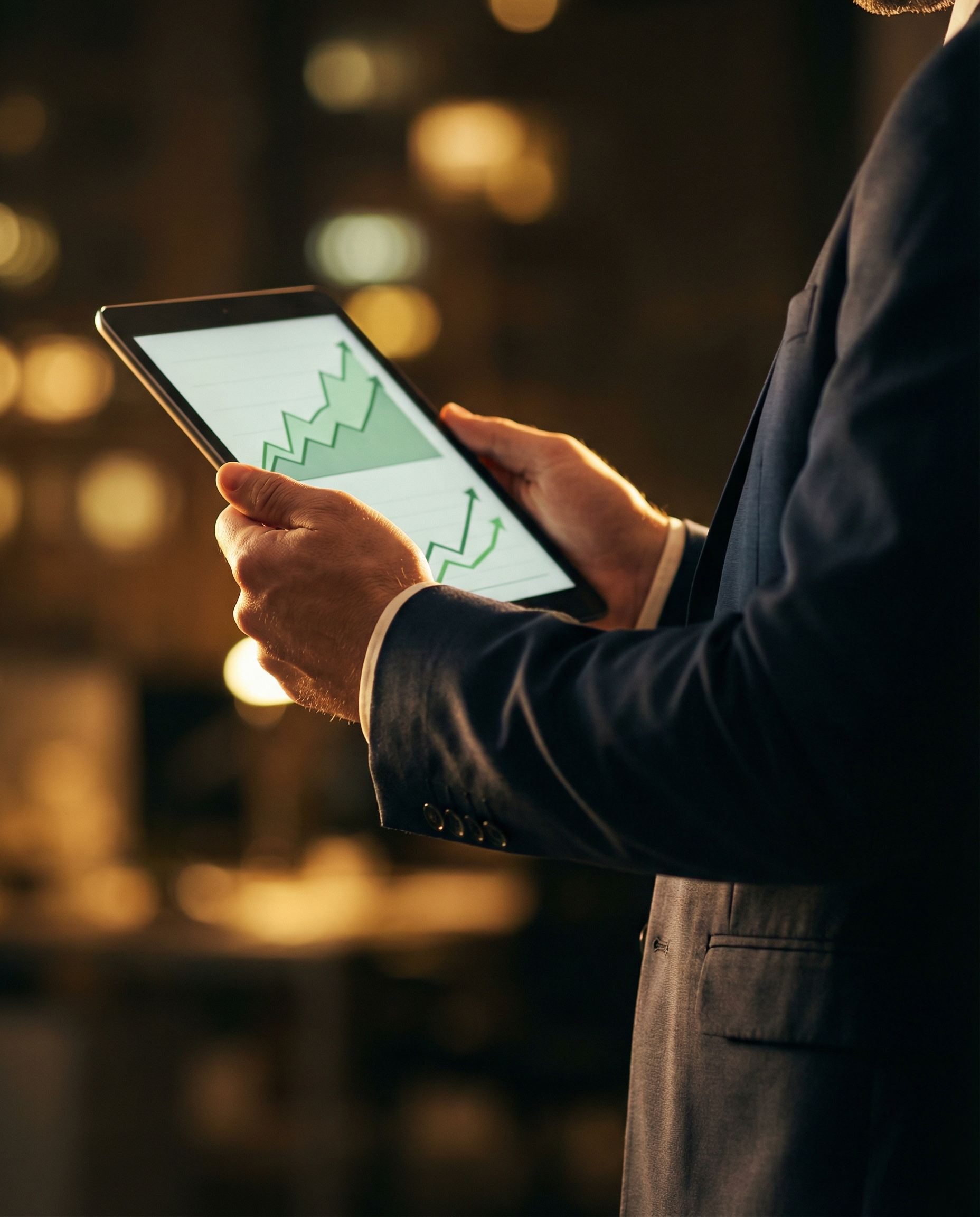 Photorealistic editorial photograph: dramatic low-angle close-up of business professional's hands holding tablet displaying rising conversion rate graphs, confident posture with arms crossed, sharp su