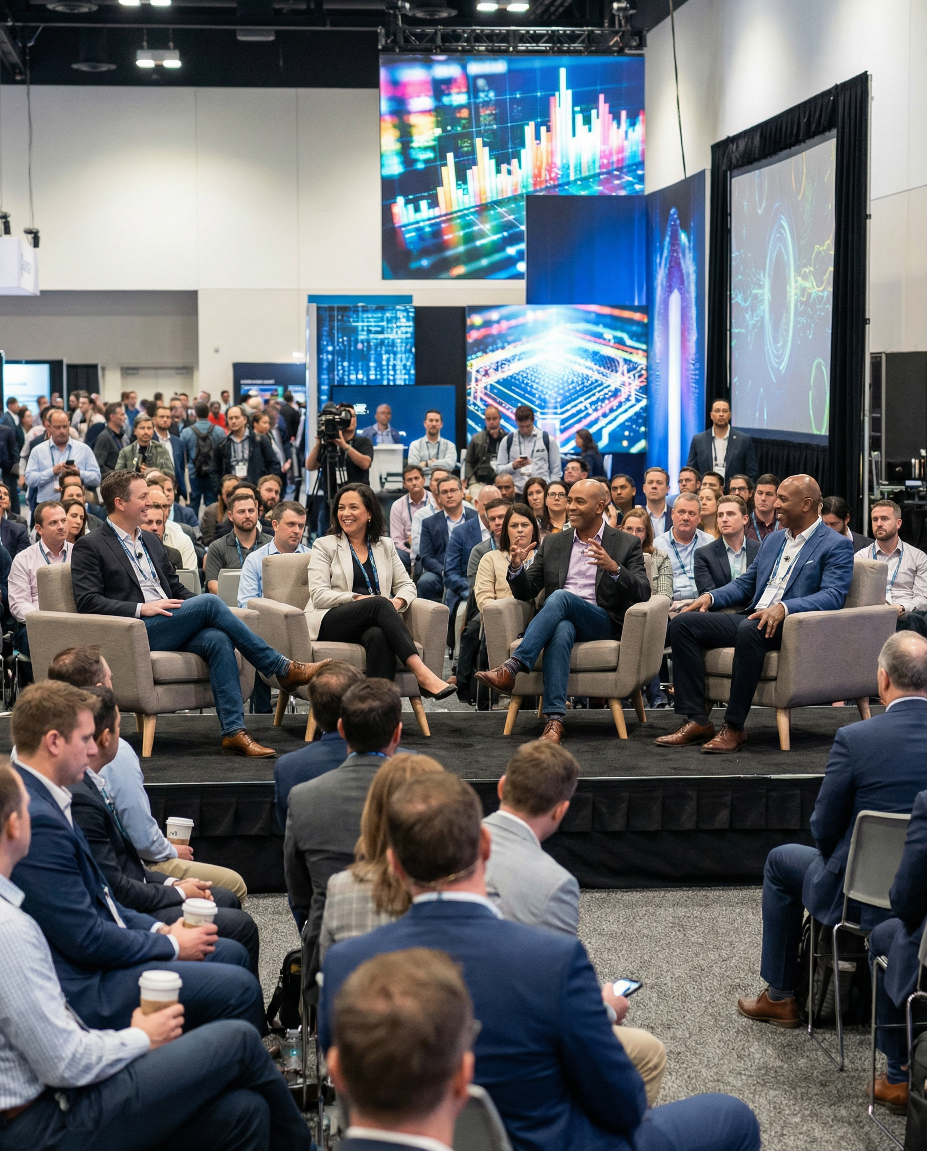 Scene of a tech conference where industry leaders are discussing Muse Spark's impact on AI, with vibrant displays and engaged audiences.