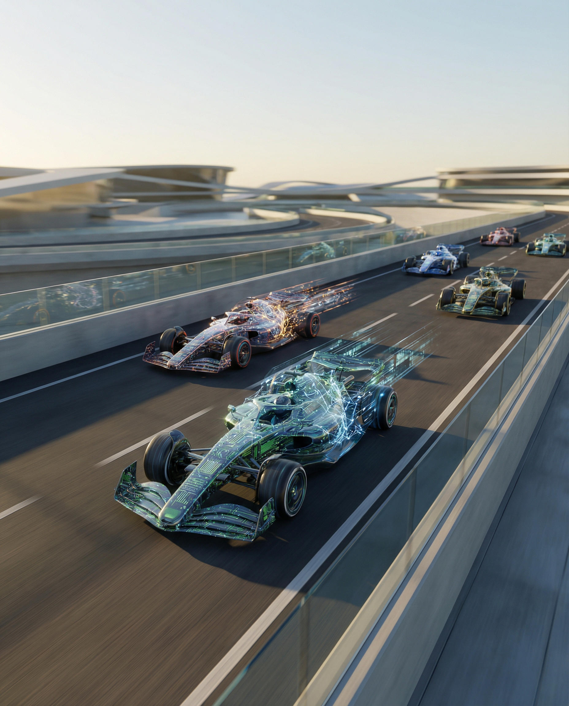 Conceptual image of a race track with AI models depicted as racing cars, symbolizing the competitive landscape of proprietary AI development.