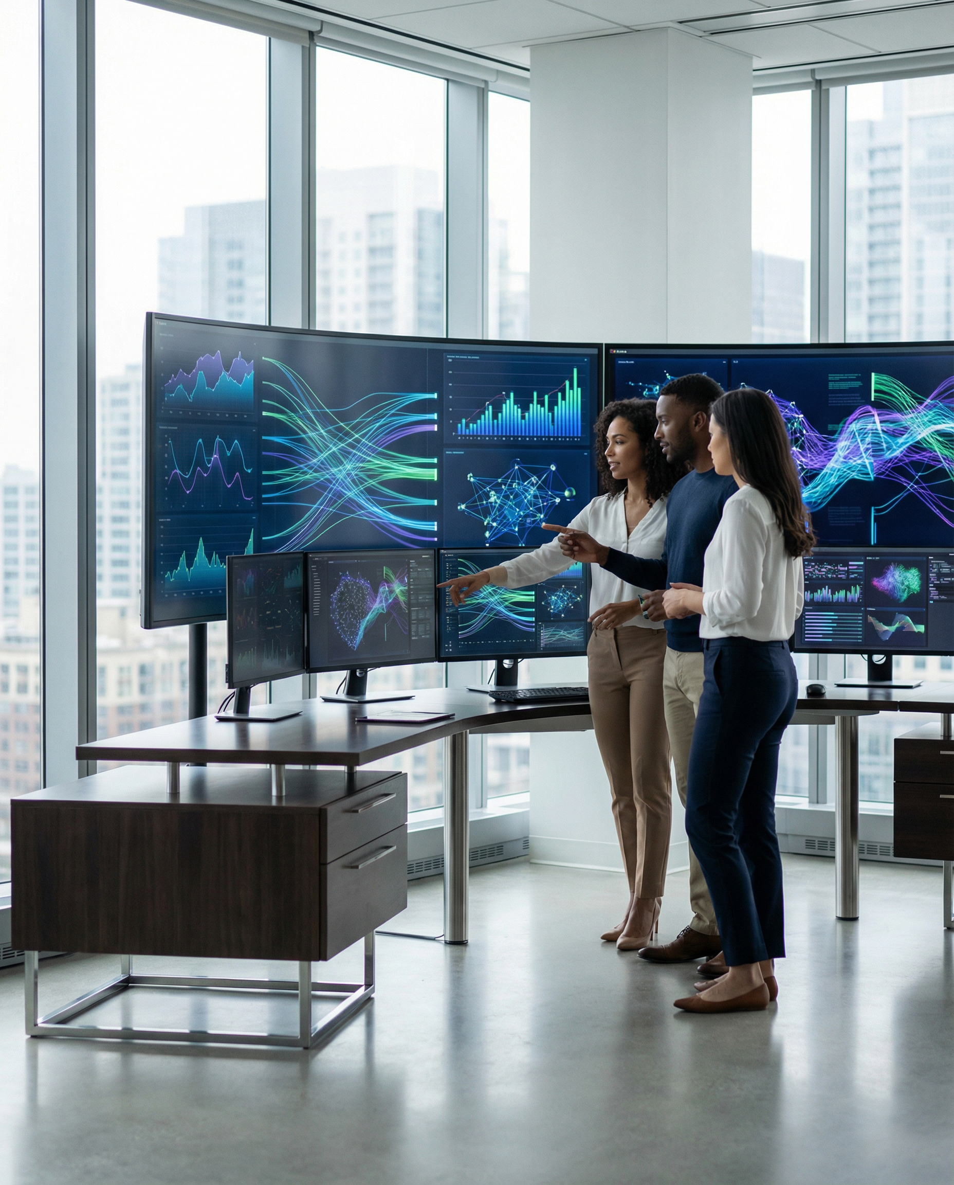 Professionals collaborating in a sleek office, analyzing data on screens related to Muse Spark and its implications for AI evolution.