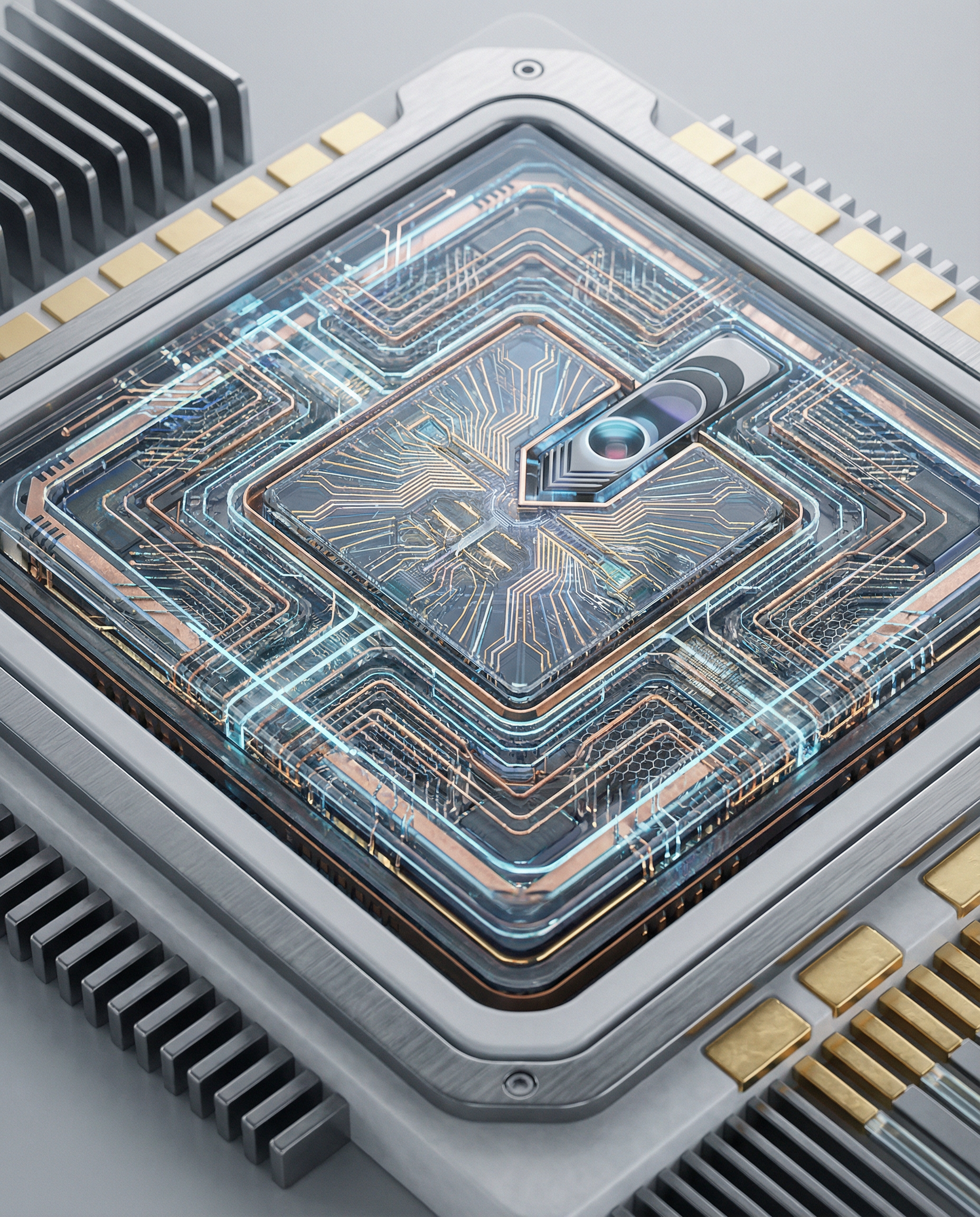 Close-up of a futuristic AI chip with intricate circuitry, highlighting advanced technology and the essence of proprietary AI innovation.