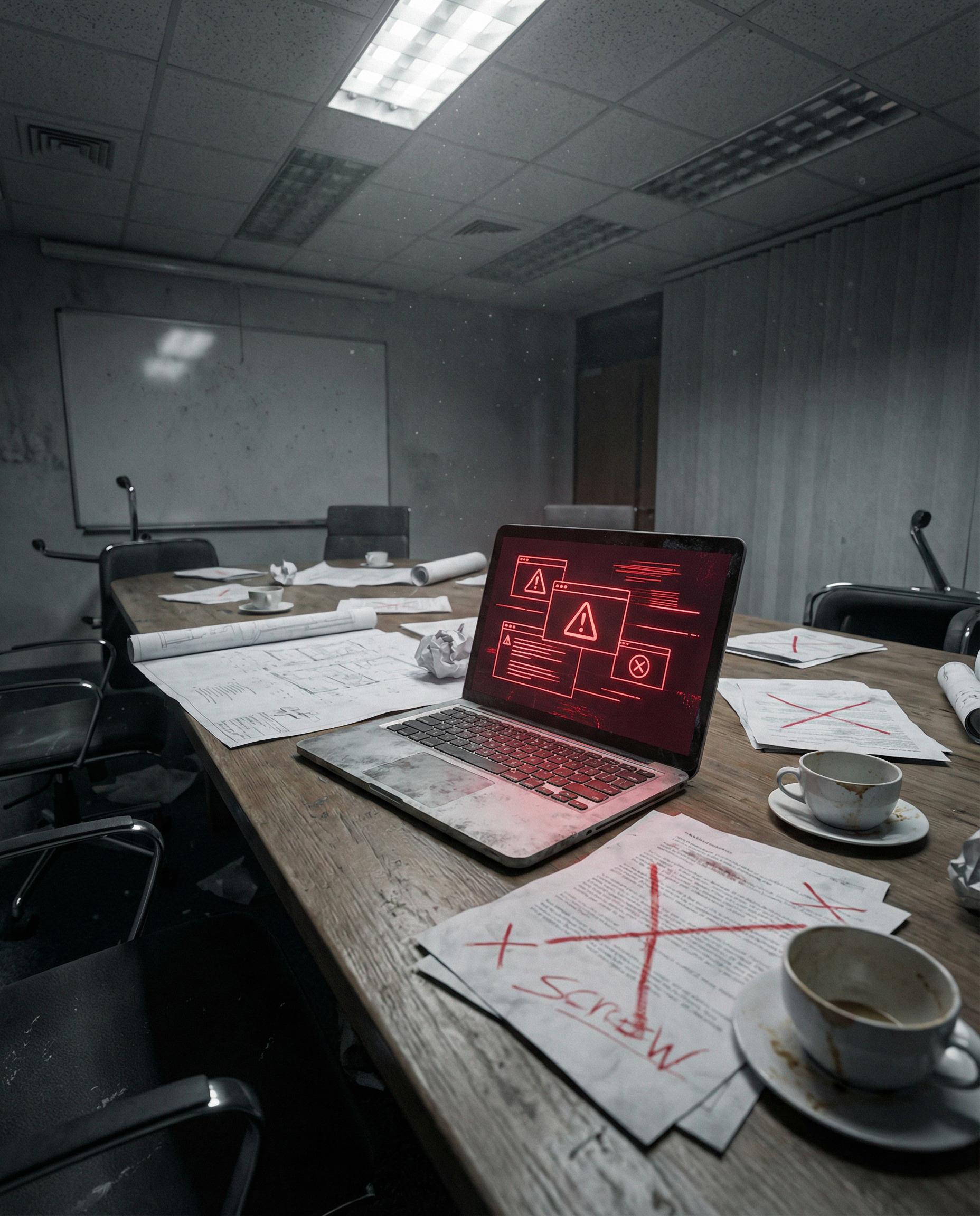 Photorealistic editorial photograph: abandoned workspace aftermath scene with laptop displaying error messages in red, crumpled implementation plans scattered across conference table, half-empty coffe