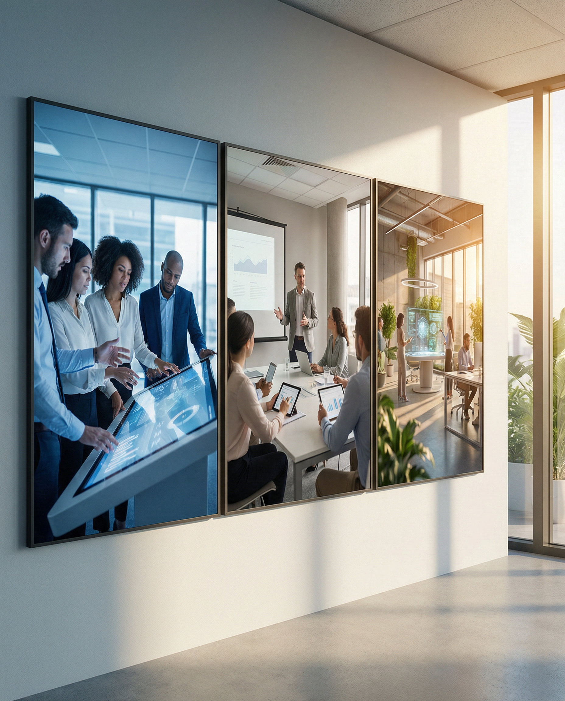 Photorealistic editorial photograph: three-panel visual metaphor showing marketing team integration phases - foreground shows professionals and AI interface working in harmony with collaborative gestu