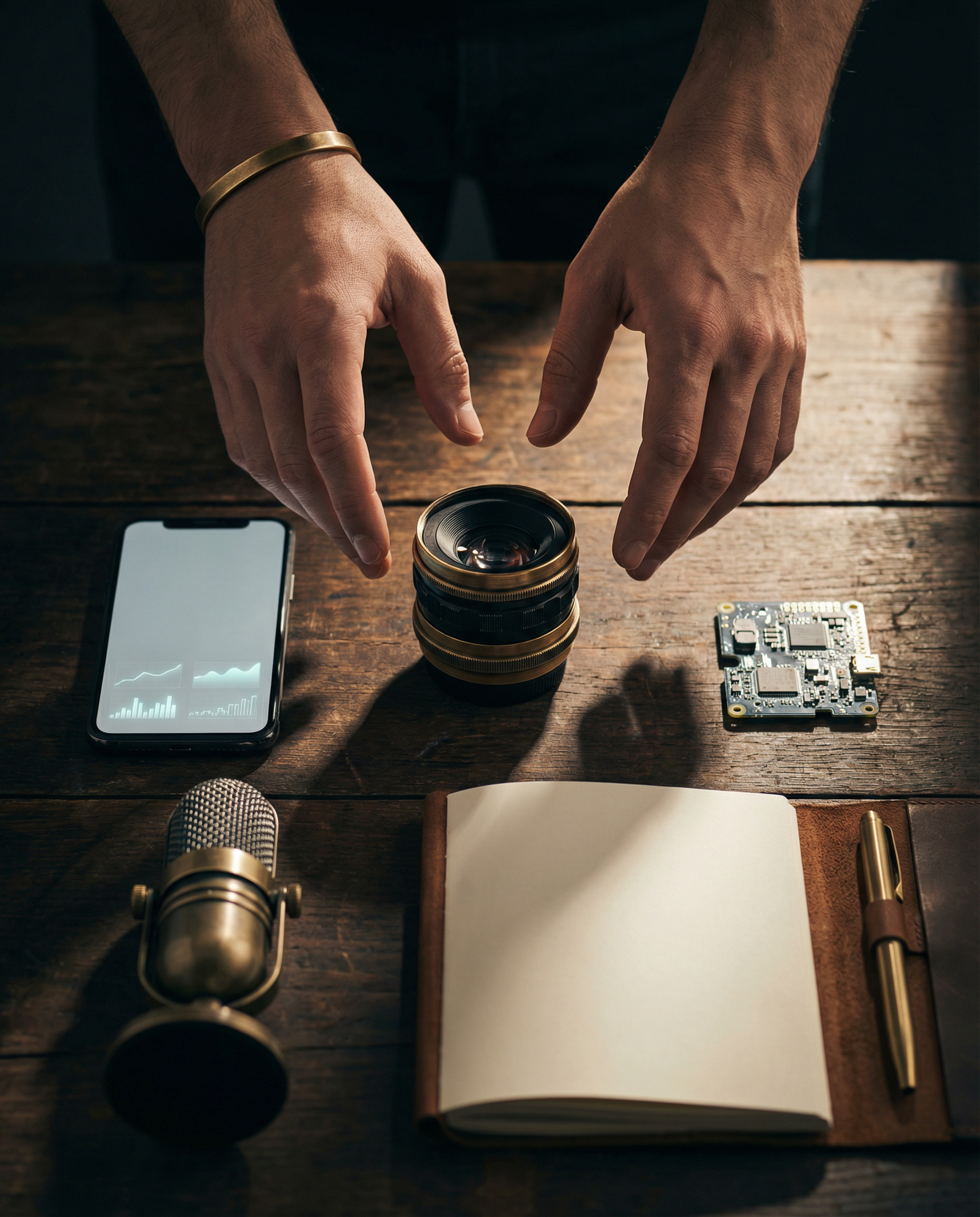 Photorealistic close-up editorial photograph: hands hovering over five distinct objects on dark wooden desk representing AI tool categories - smartphone with analytics, microphone for content, lens fo