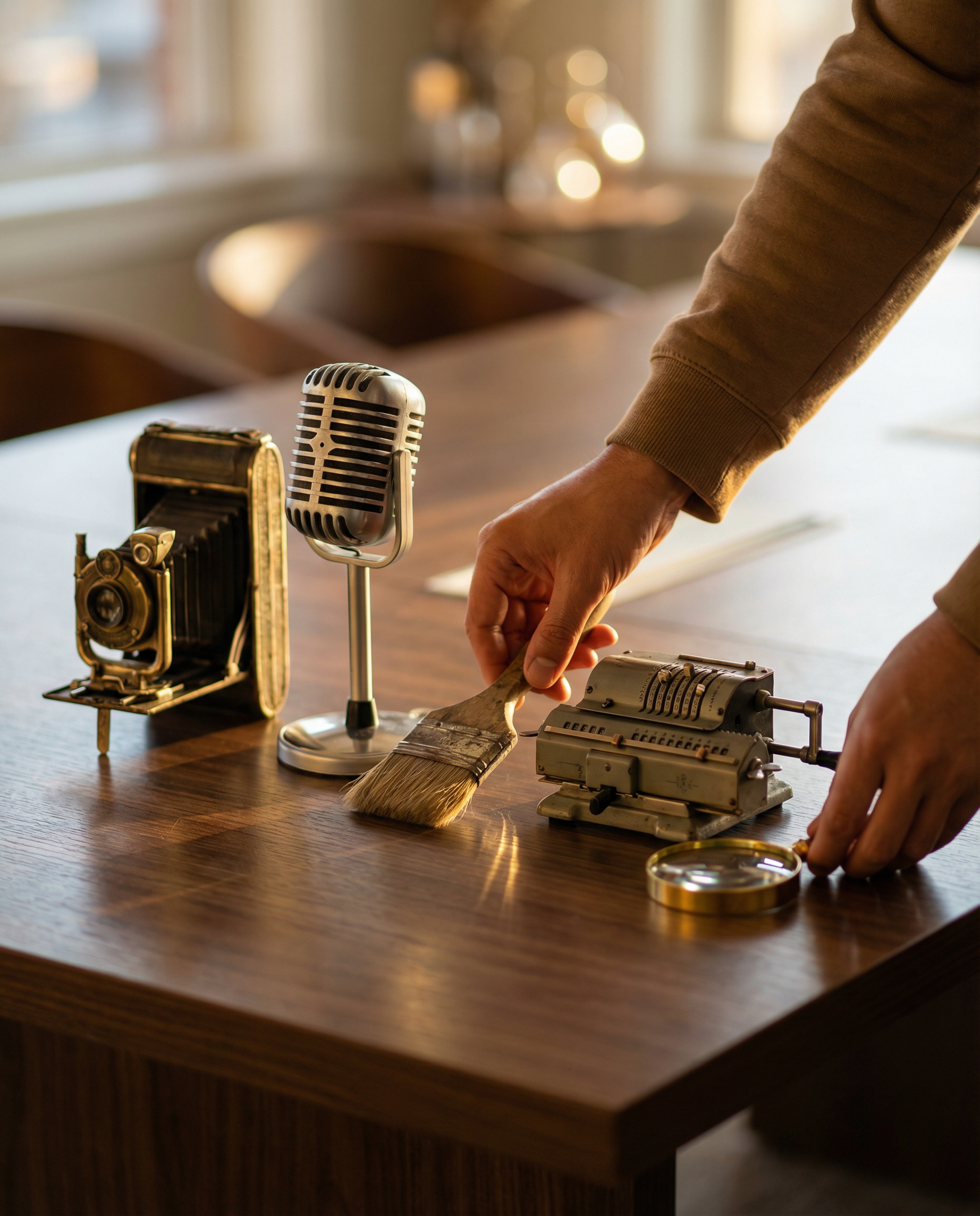 Photorealistic close-up editorial photograph: hands arranging exactly five distinct physical tools on a dark wooden conference table, each tool representing different categories - vintage camera, micr