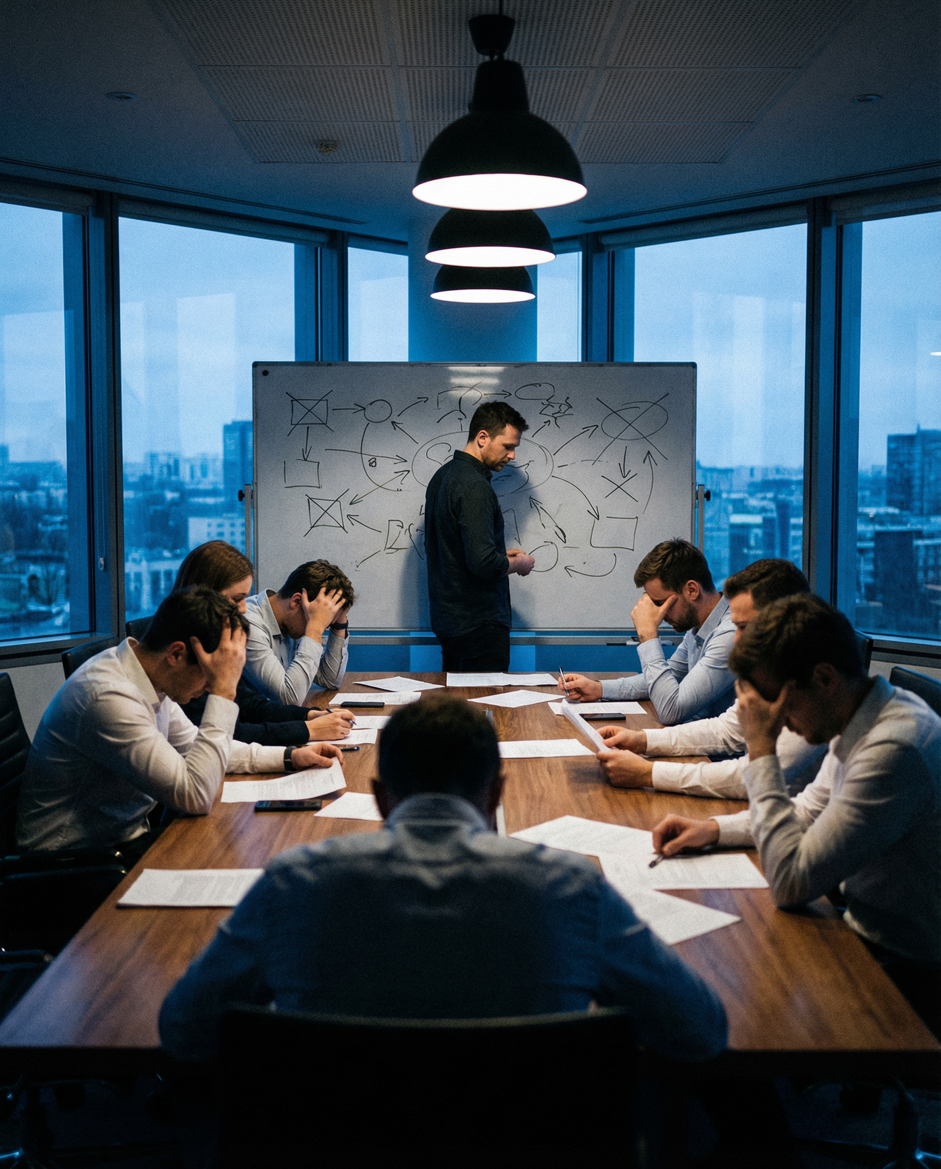 Photorealistic editorial photograph: tense boardroom scene with marketing professional standing at whiteboard covered in scribbled diagrams and crossed-out plans, surrounded by confused seated colleag