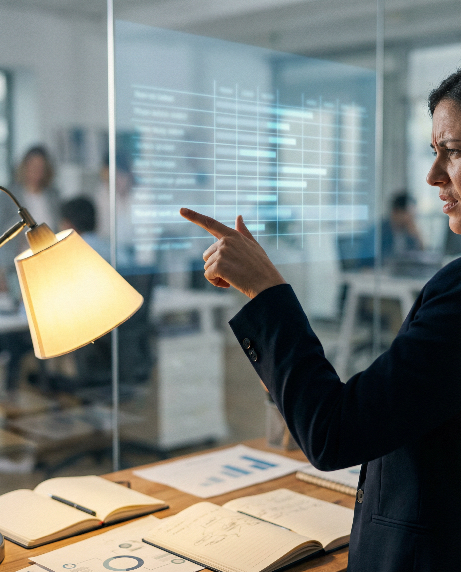 Photorealistic editorial photograph: frustrated marketing professional standing before massive transparent budget spreadsheet projection on glass wall, finger pointing at specific line item, concerned