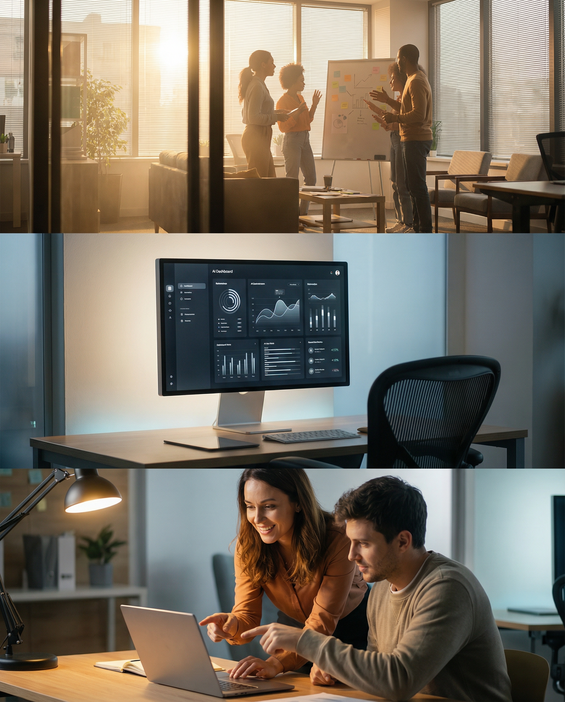 Photorealistic editorial photograph: three-panel workspace sequence showing evolution of team integration, foreground shows marketing manager collaborating with team member over laptop with warm colla