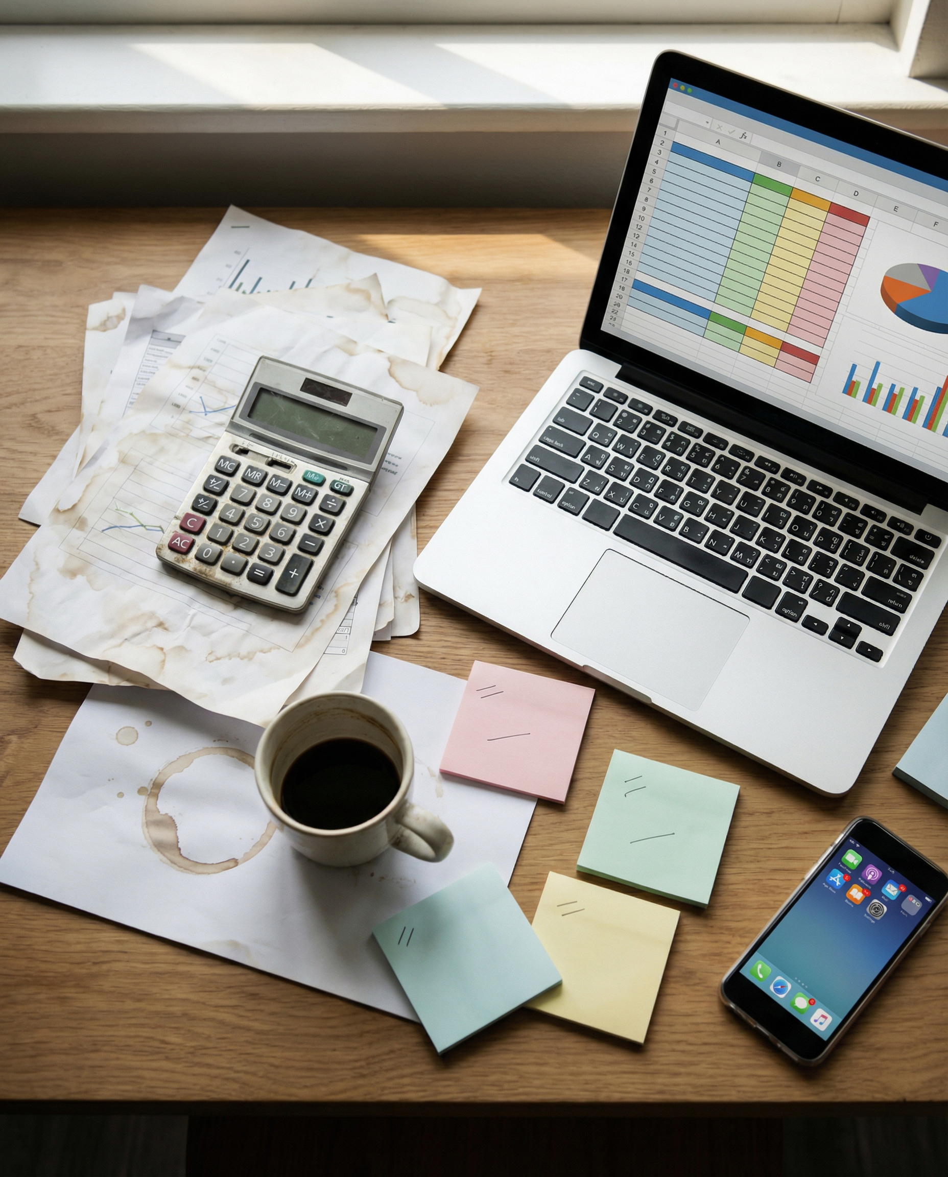 Photorealistic editorial photograph: overhead flat-lay of actual budget planning scene on desk, calculator surrounded by invoicing documents, laptop displaying pricing comparison spreadsheets, coffee