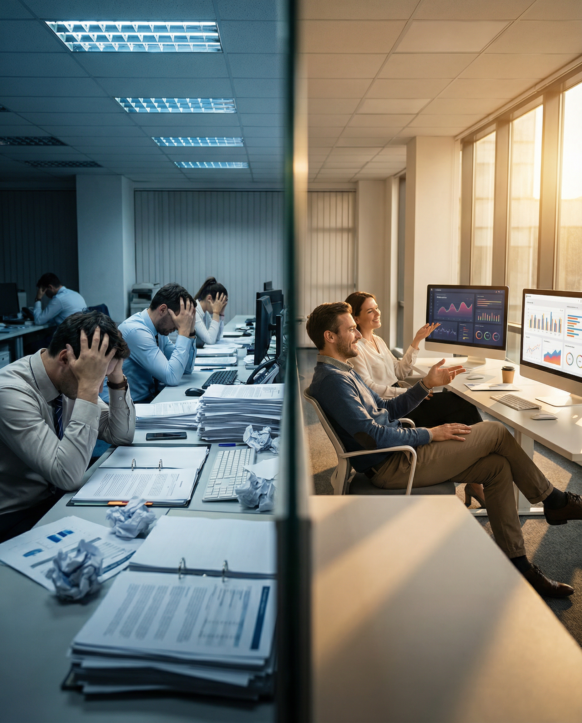 Photorealistic editorial photograph: split-screen workspace showing two marketing teams side-by-side, left team drowning in paper reports with frustrated expressions under harsh fluorescent lighting,