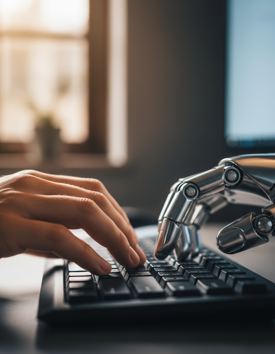 Photorealistic editorial photograph: extreme macro close-up of human hand and robotic arm collaboratively typing on same keyboard, fingers almost touching in mid-keystroke, dramatic side rim lighting
