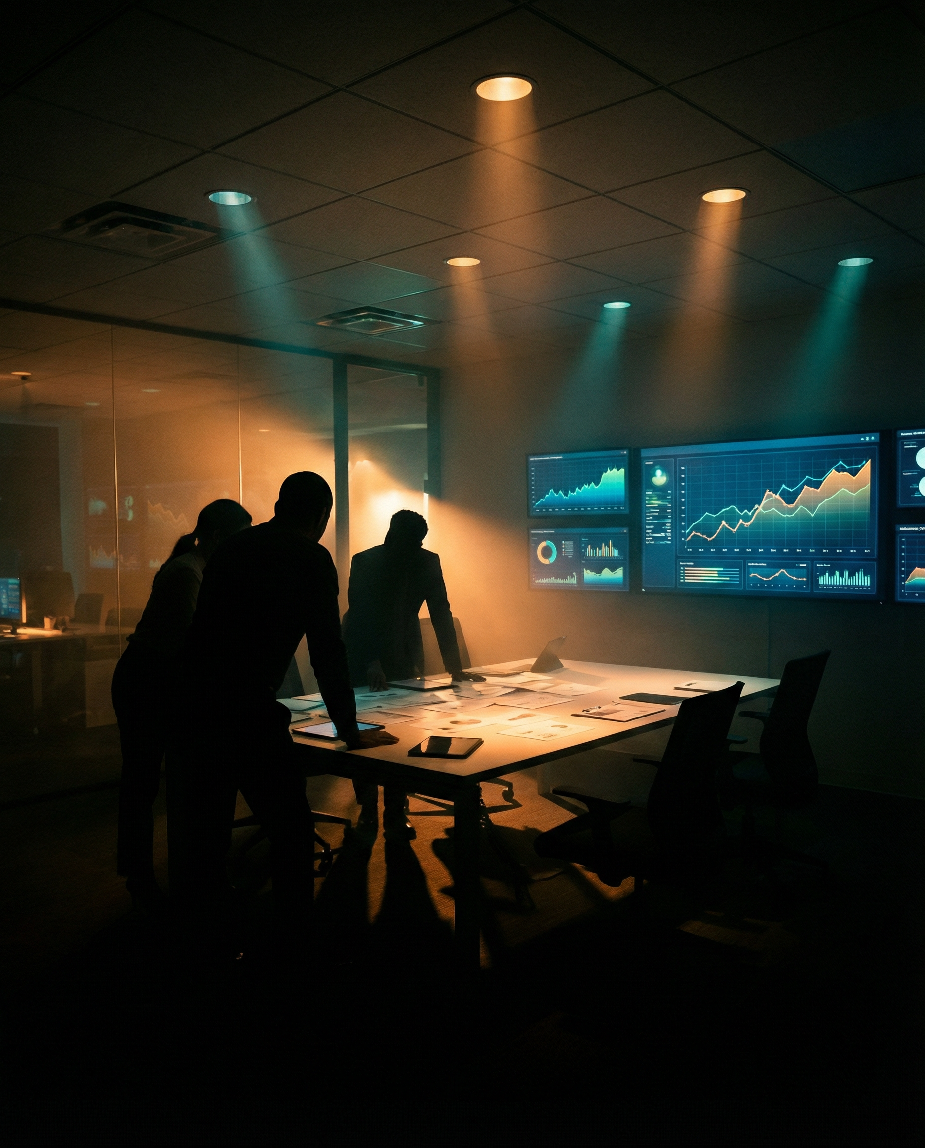 Photorealistic editorial photograph: wide establishing shot of modern marketing office at night, wall-mounted monitors displaying real-time content analytics dashboards with climbing graphs, silhouett