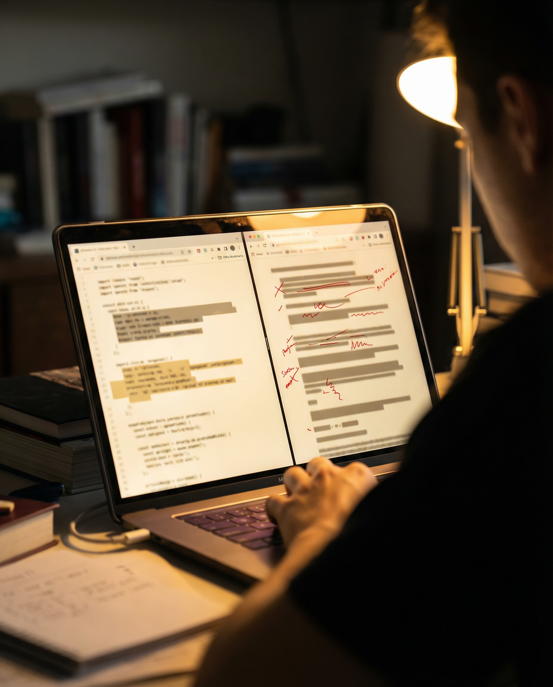 Photorealistic editorial photograph: extreme close-up of computer screen showing two browser windows side-by-side, left displays generic robotic AI-generated text with awkward phrasing, right shows sa
