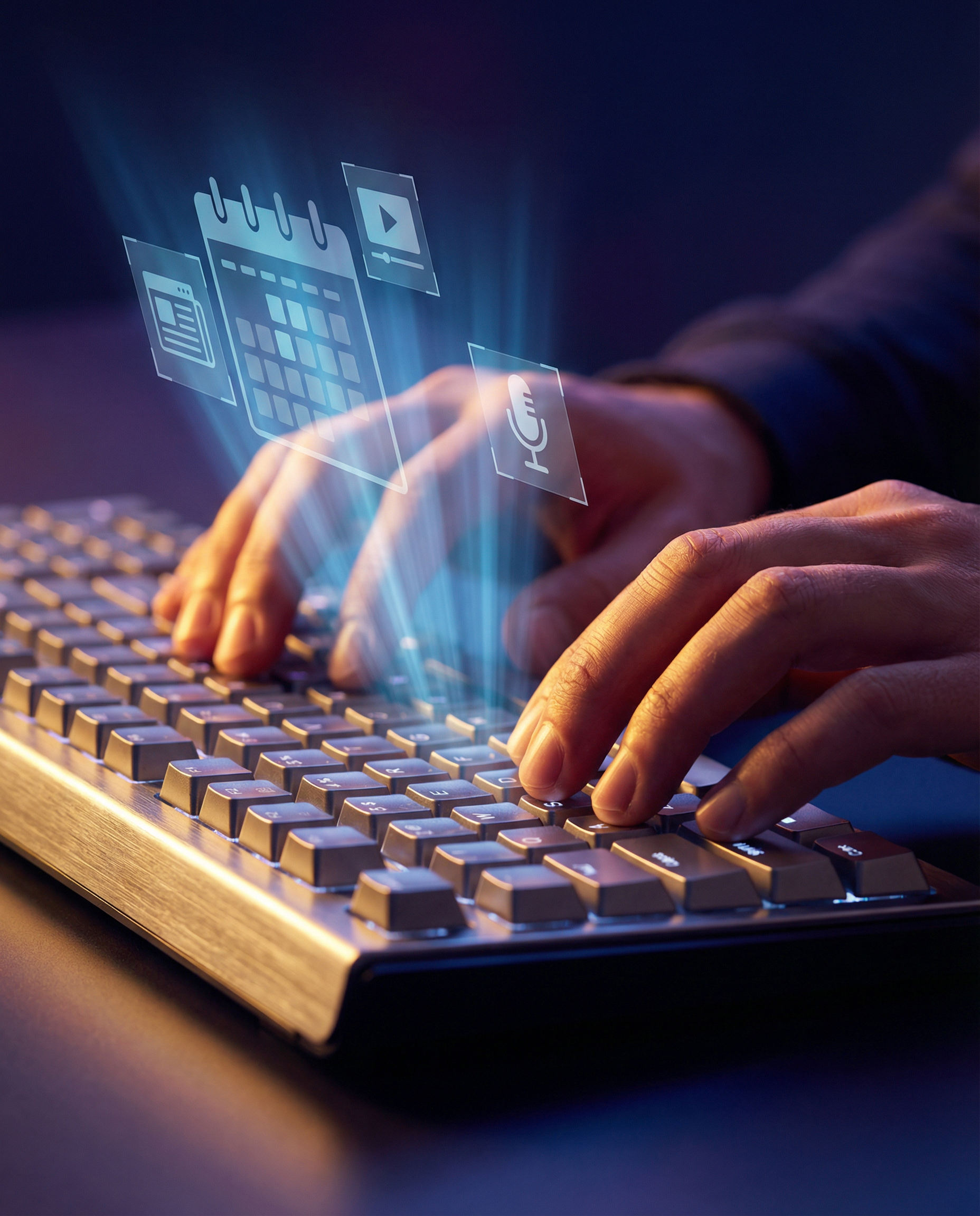 Photorealistic close-up editorial photograph: hands hovering over mechanical keyboard with holographic AI interface projecting upward showing content calendar auto-populating with blog posts, videos,