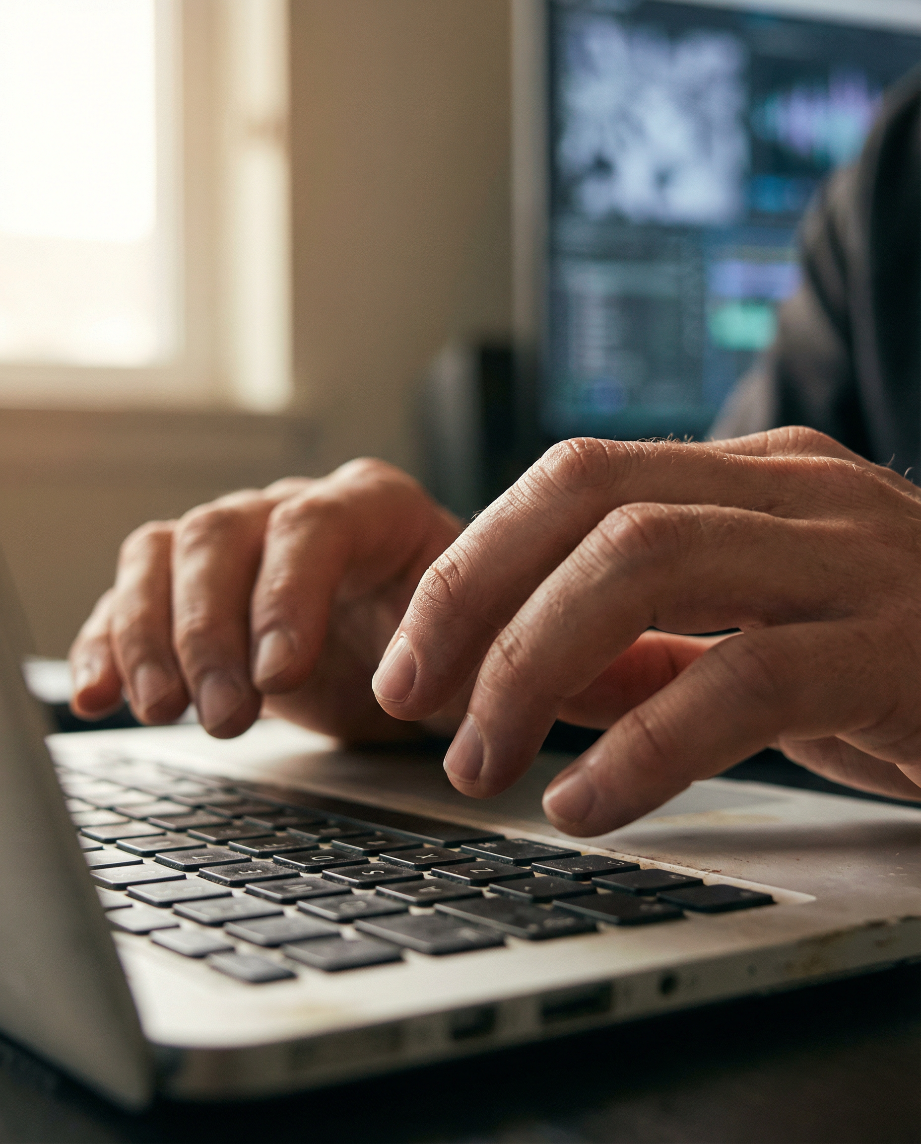 Photorealistic editorial photograph: extreme close-up macro shot of human hands hovering over laptop keyboard mid-pause, screen reflection visible in contemplative eyes showing AI-generated content dr