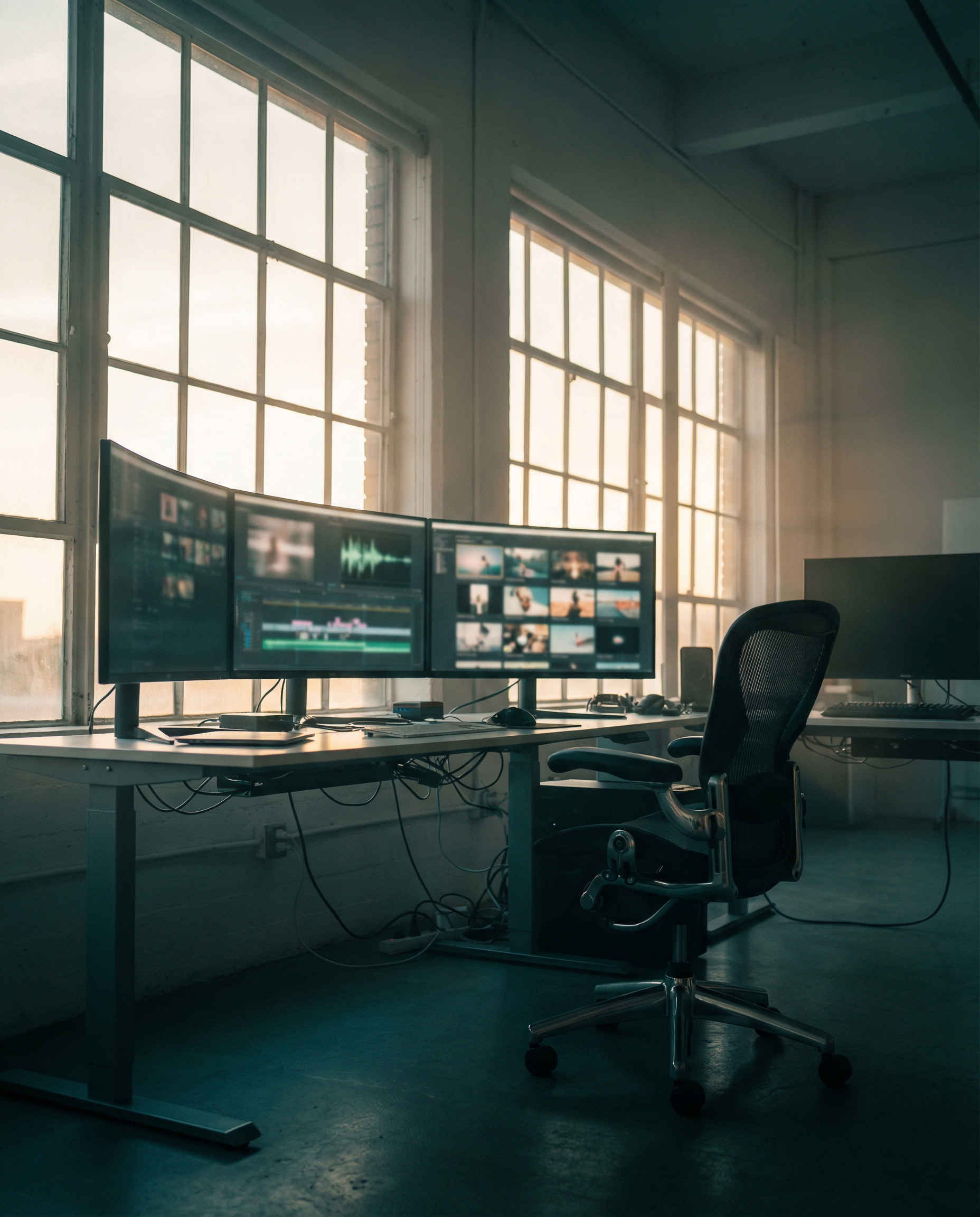 Photorealistic wide editorial photograph: modern content studio aftermath scene, multiple monitors displaying published articles, video thumbnails, podcast waveforms all created simultaneously, empty