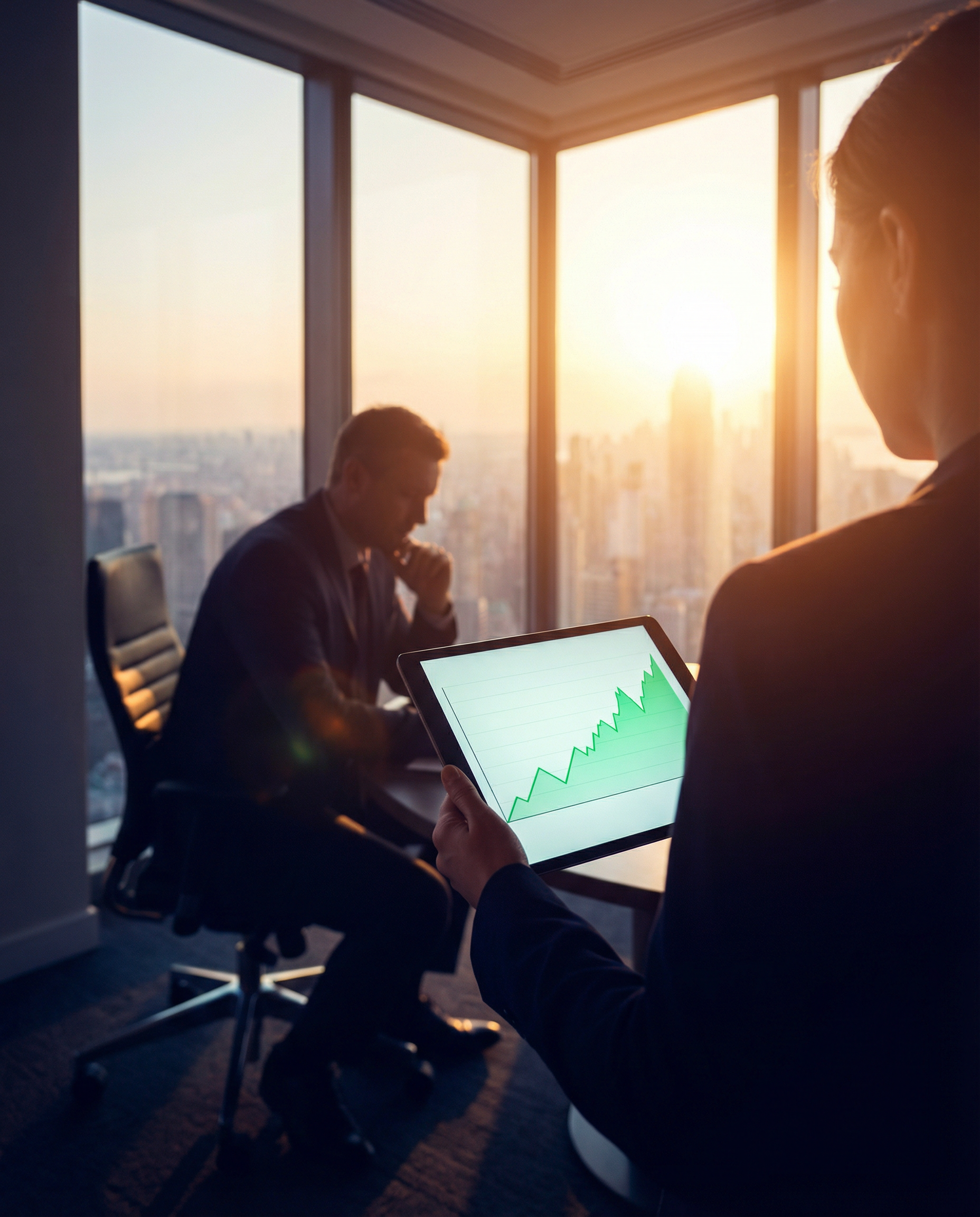 Photorealistic editorial photograph: over-the-shoulder close-up of marketing director presenting ROI metrics on tablet to executive in corner office, golden hour sunset flooding through floor-to-ceili