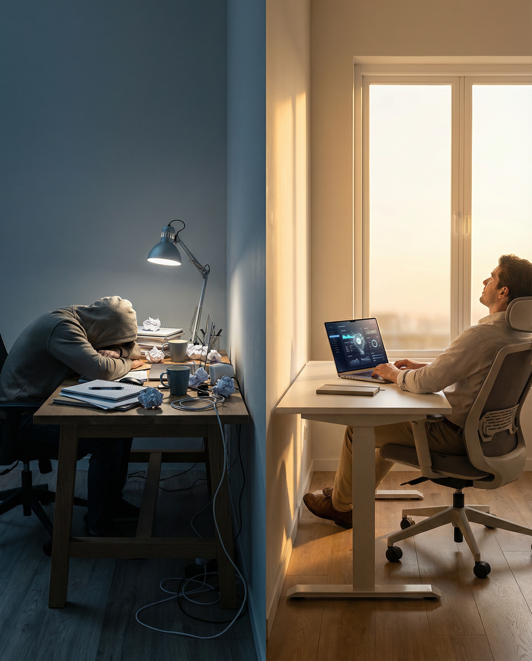 Photorealistic editorial photograph: split-screen workspace showing contrast between chaos and efficiency, left side cluttered desk with exhausted marketer surrounded by crumpled papers and cold coffe