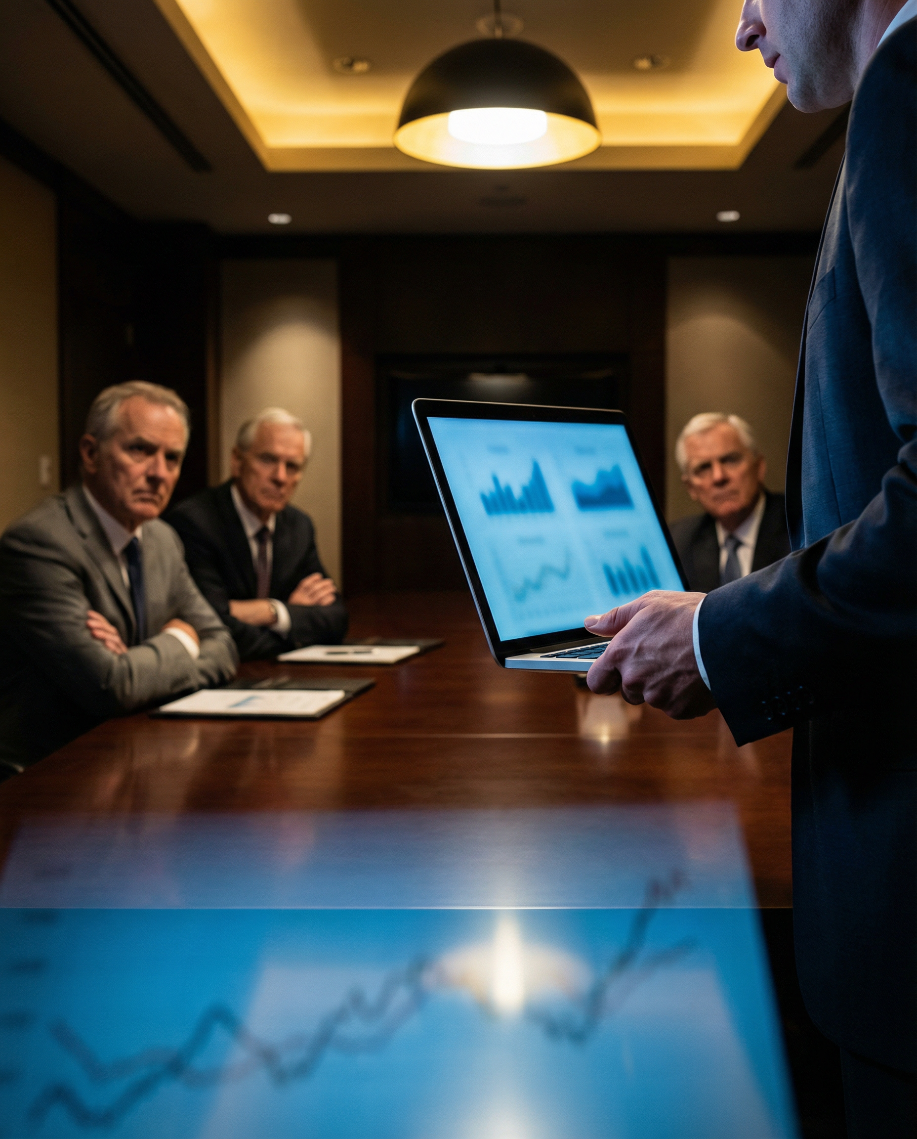 Photorealistic editorial photograph: tense corporate boardroom moment, marketing director presenting laptop screen to skeptical executives across polished table, dramatic top-down lighting creating ha