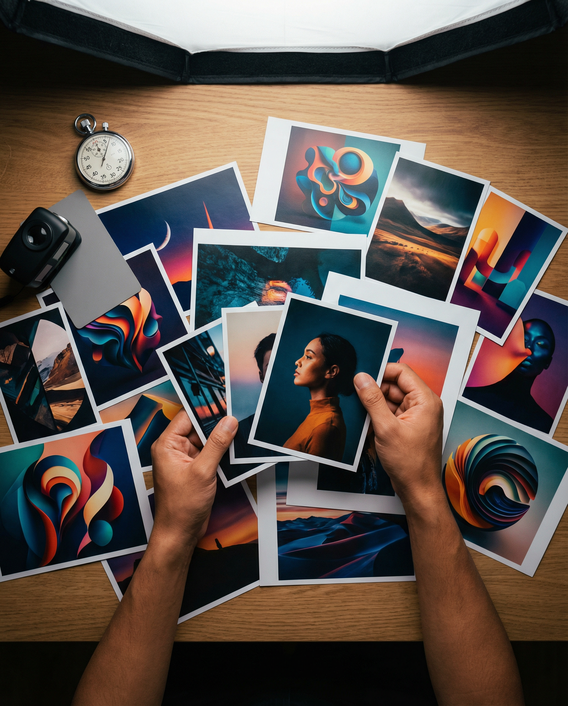 Photorealistic editorial photograph: creative director's desk covered with freshly printed AI-generated visual assets spread out in organized chaos, hands arranging photo prints comparing variations,