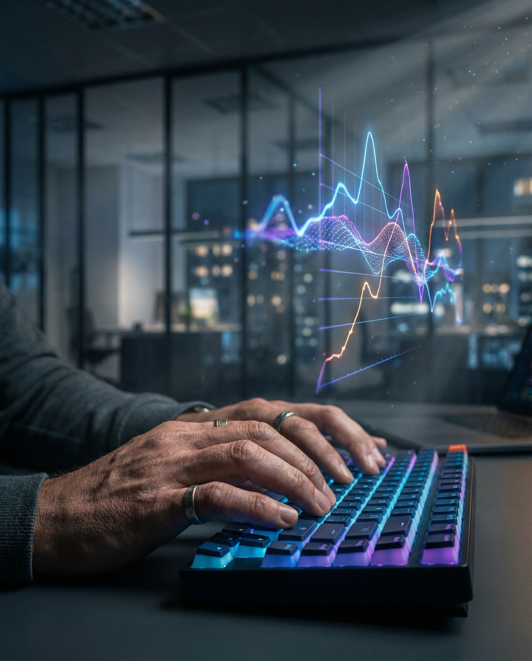Photorealistic editorial close-up: hands typing on backlit keyboard with holographic data visualization floating above the desk showing trend graphs and search volume spikes, dramatic blue and purple