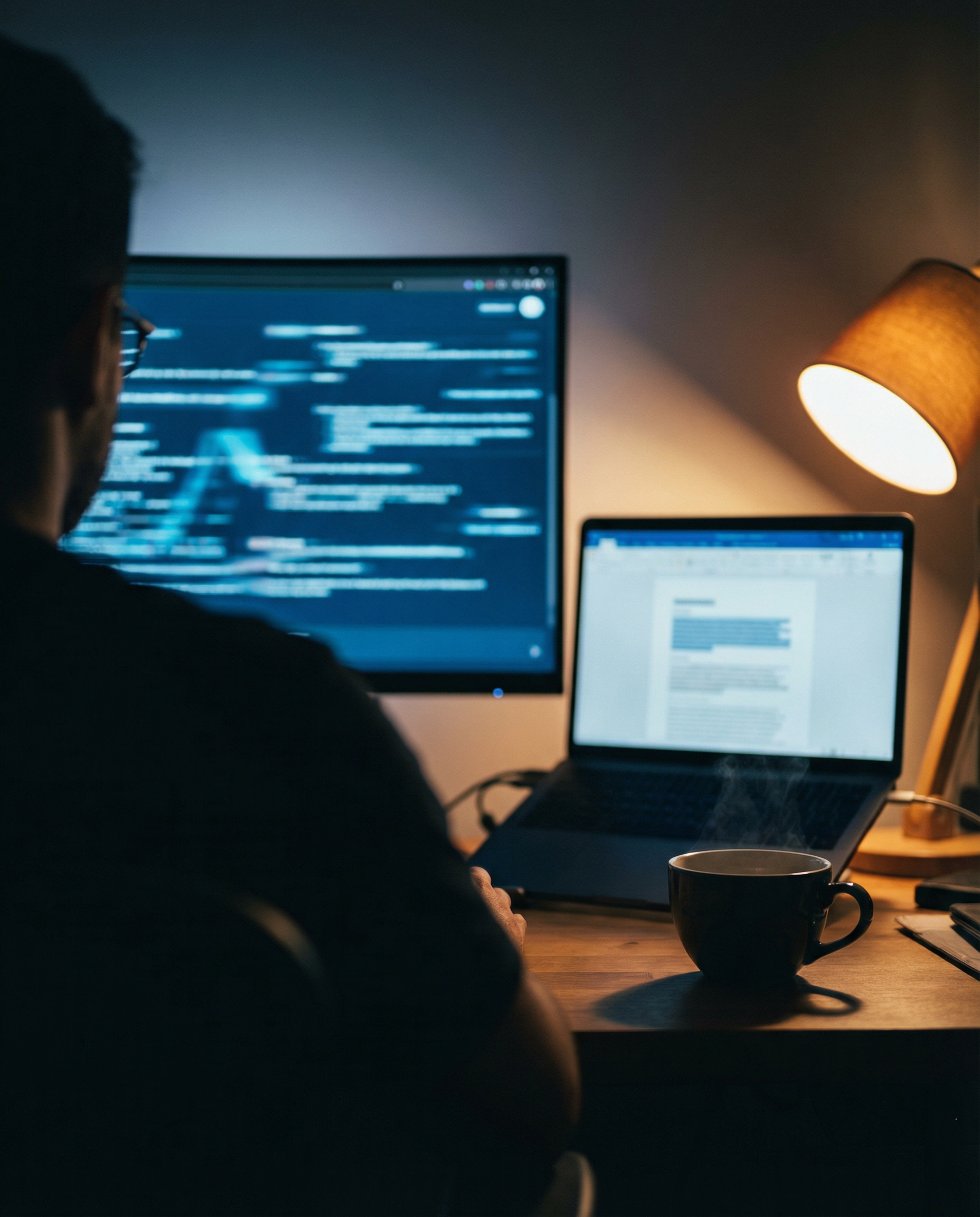 Photorealistic editorial photograph: over-the-shoulder view of content writer at ultrawide curved monitor displaying AI writing assistant interface with rapidly generating text, second screen showing