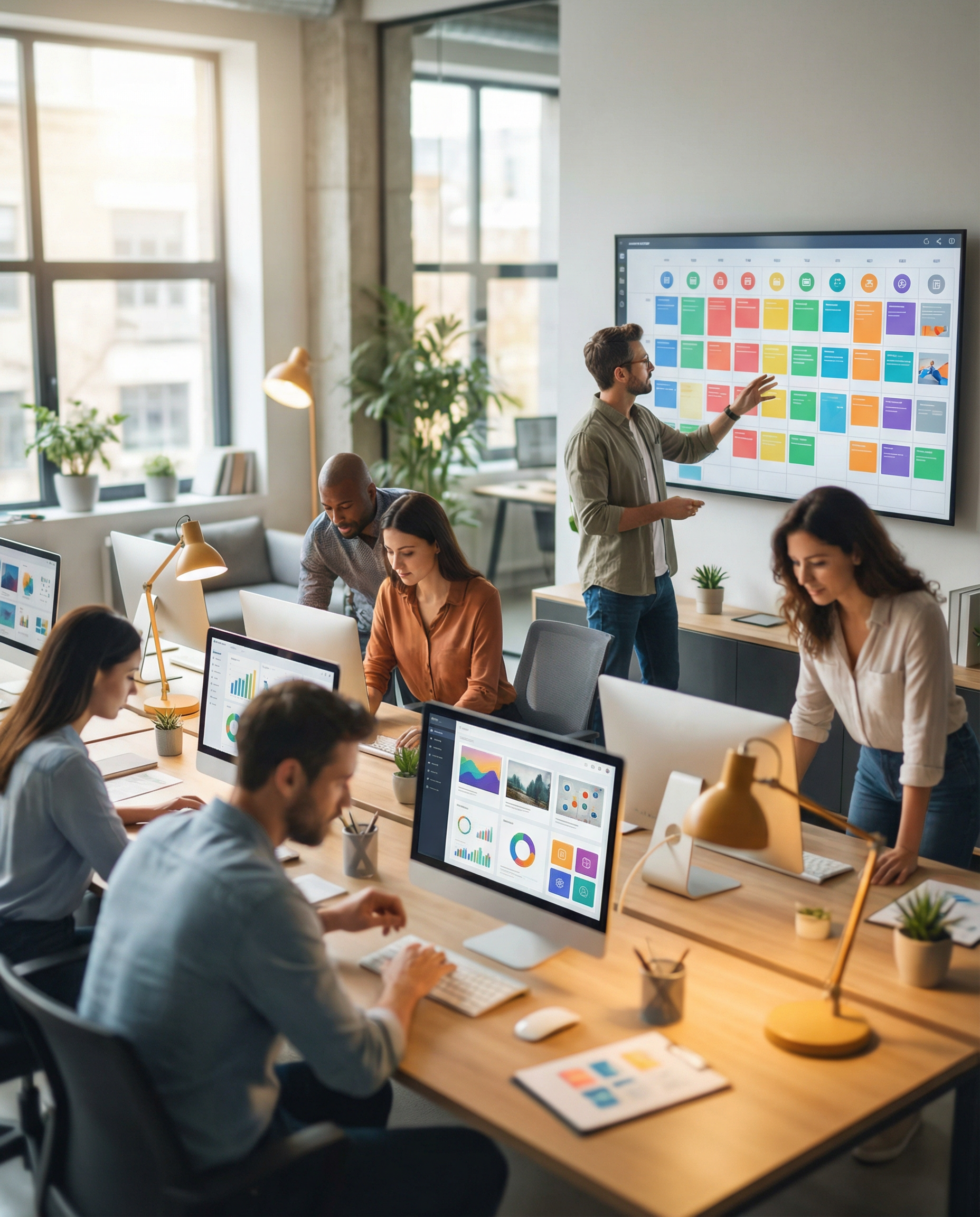Photorealistic editorial wide shot: modern marketing team war room with five distinct workstations each showing different AI tool categories on screens, collaborative energy with people moving between
