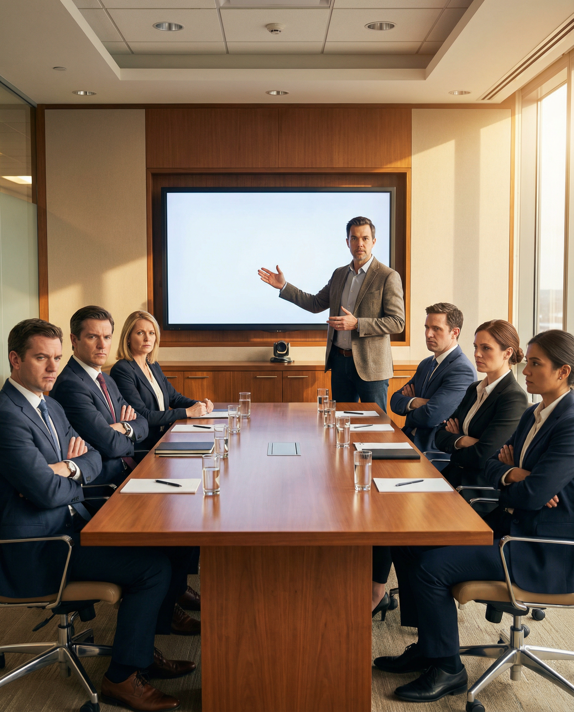 Scene of a tech executive presenting OpenAI's subscription strategy to a boardroom filled with skeptical CFOs, dynamic atmosphere