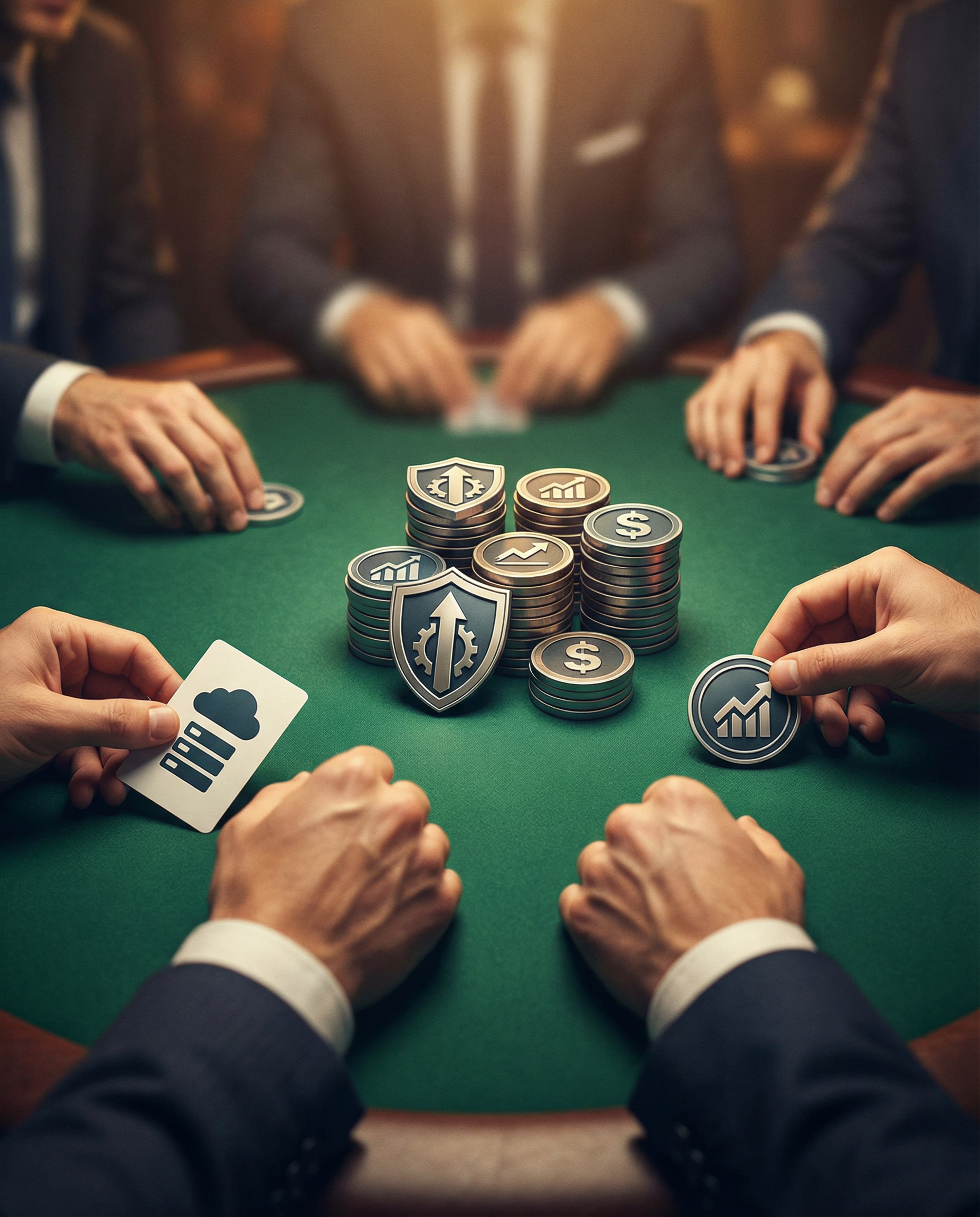 Visual metaphor of a high-stakes poker game with subscription plans and ROI symbols on the table, representing risk and investment