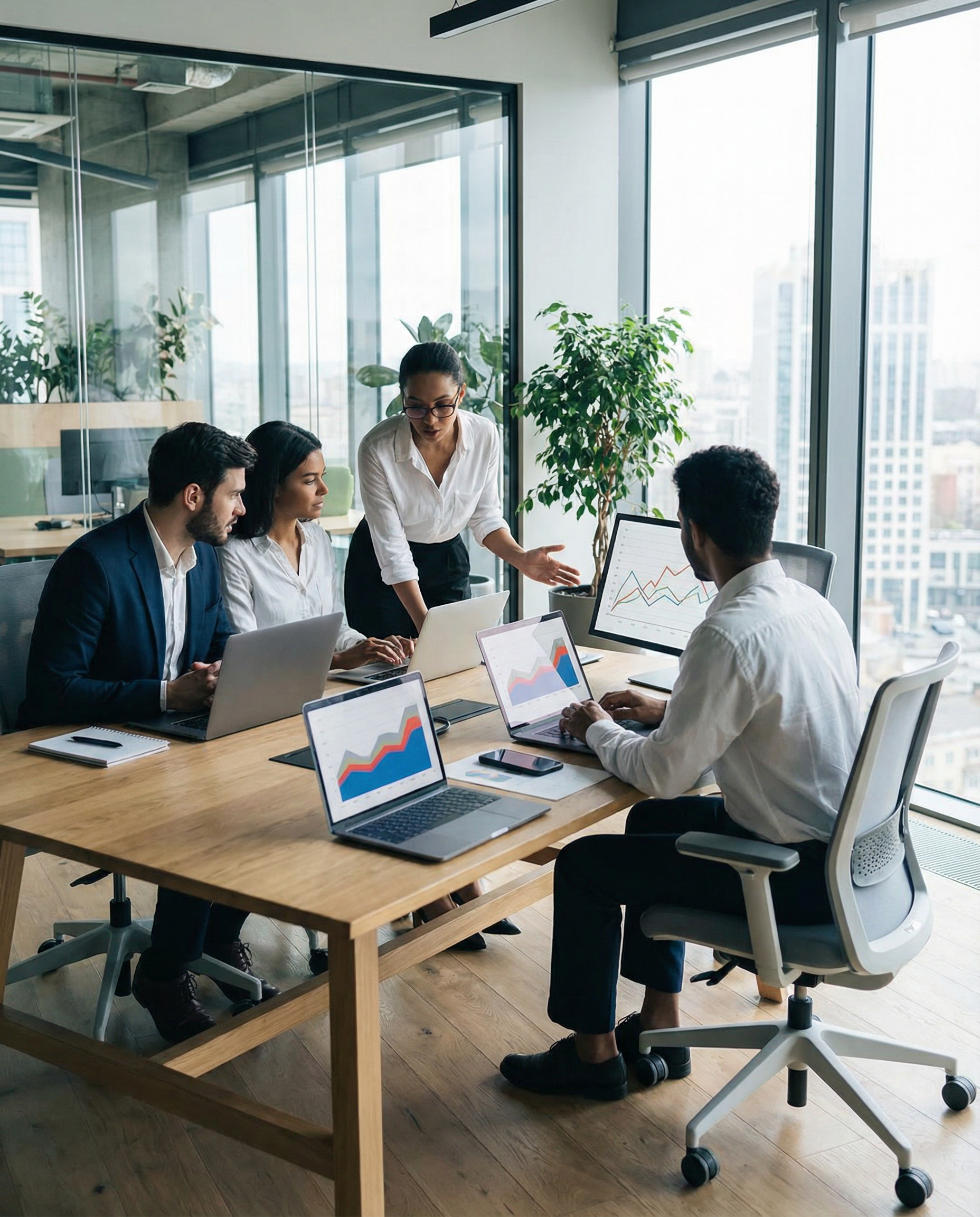 Team of data analysts collaborating over laptops, discussing OpenAI's subscription metrics and financial returns in a sleek office space