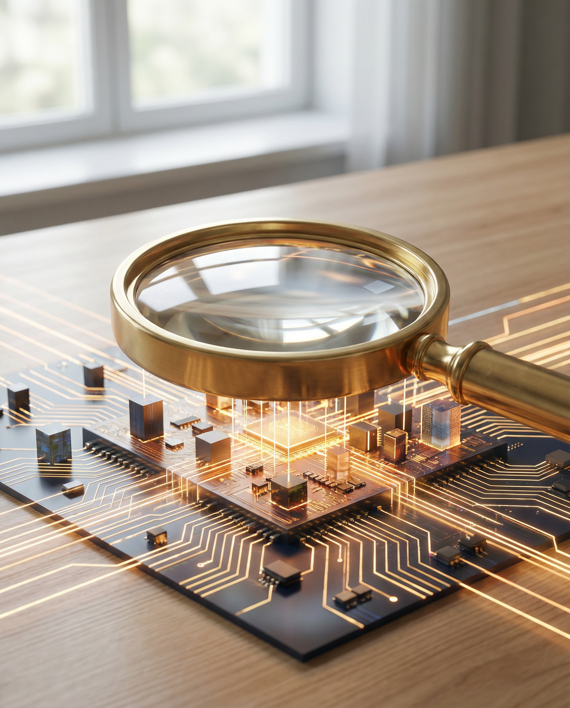 Visual metaphor of a magnifying glass over a digital landscape, symbolizing the search for long-tail keywords and insights in content marketing.