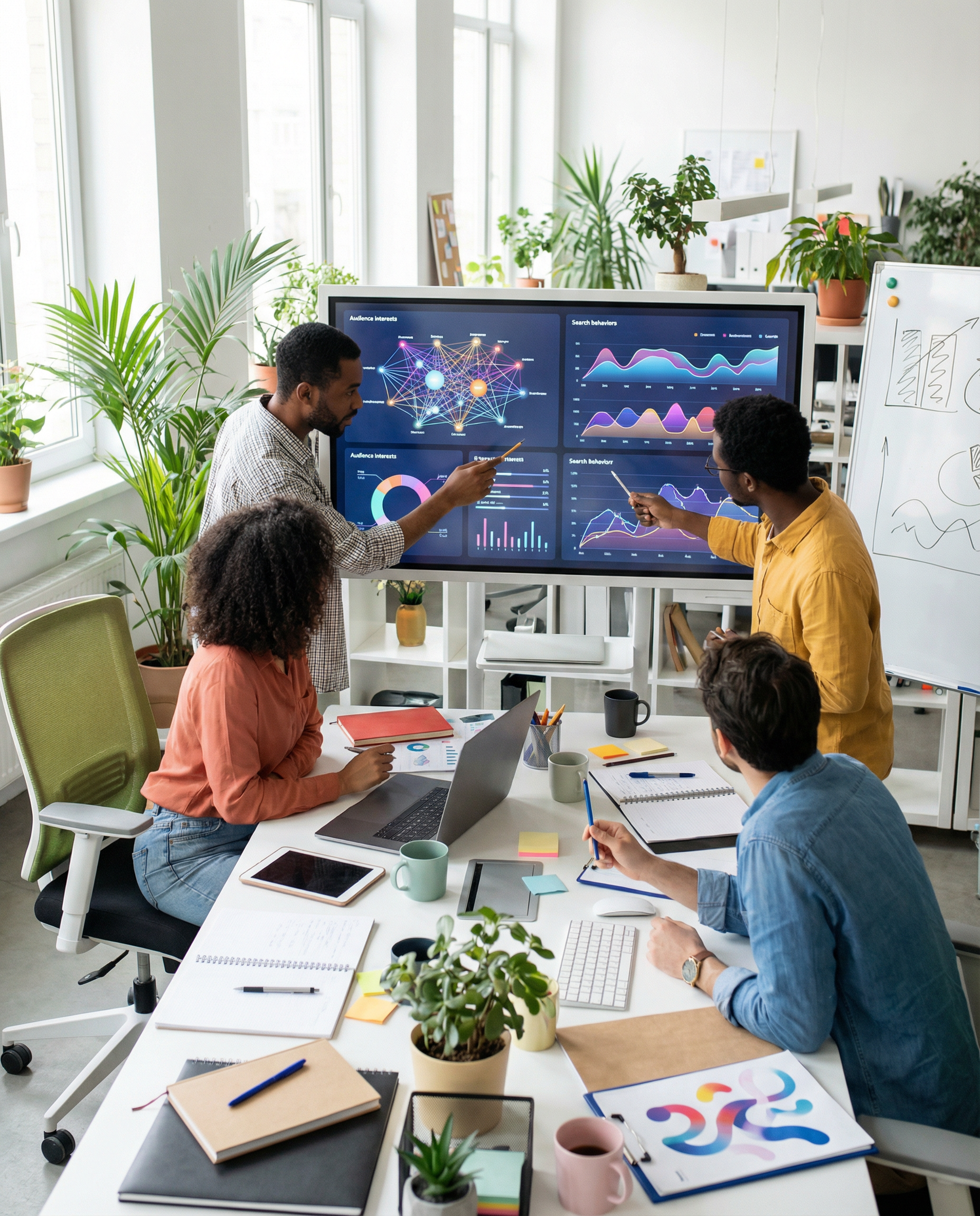 Content marketers collaborating around a digital dashboard, analyzing AI-generated insights for long-tail keywords in a vibrant office setting.